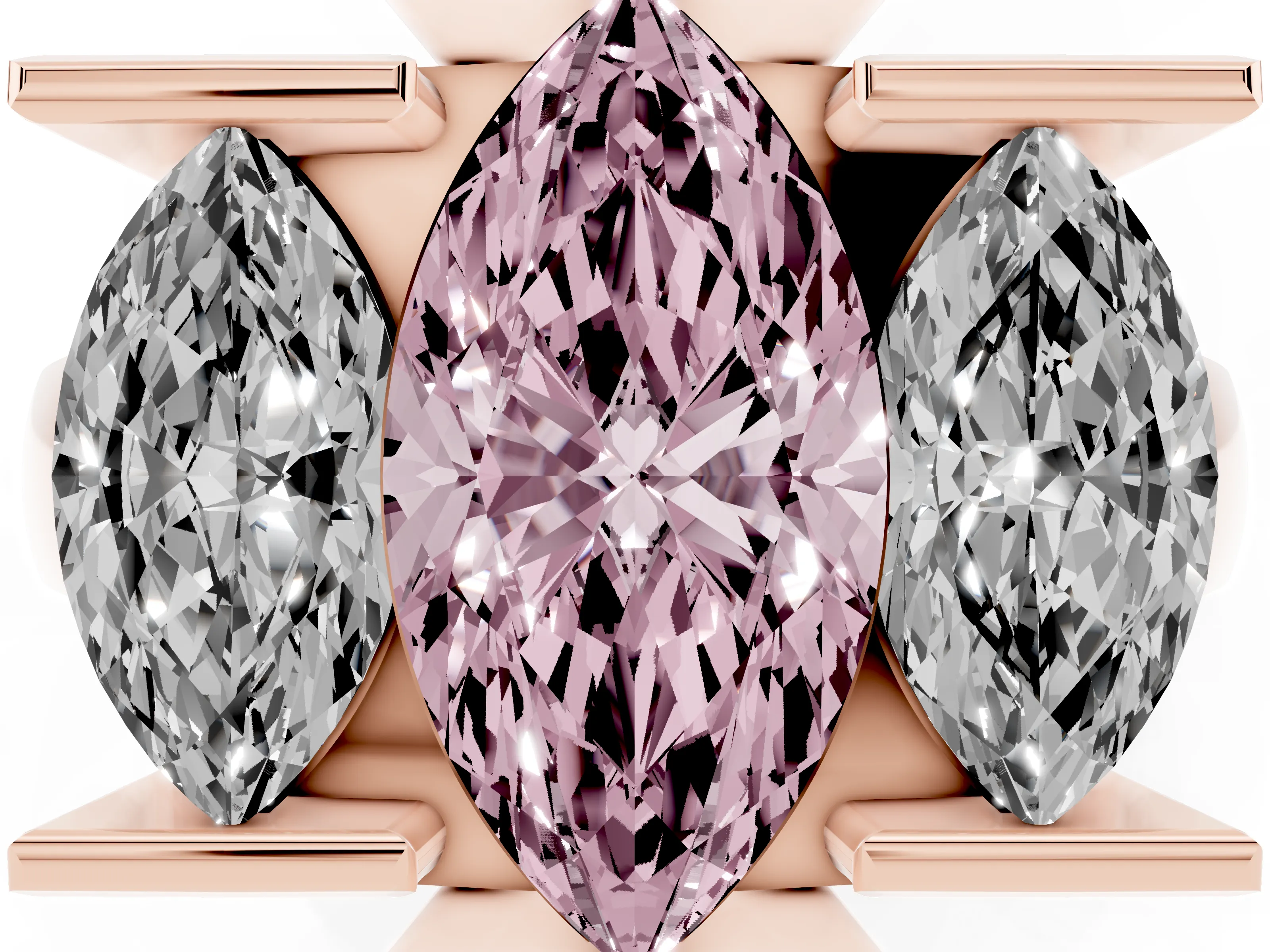 Fancy Pink Marquise Cut Diamond Three-Stone Channel Set Ring Set in Rose gold with Smooth Polished Band