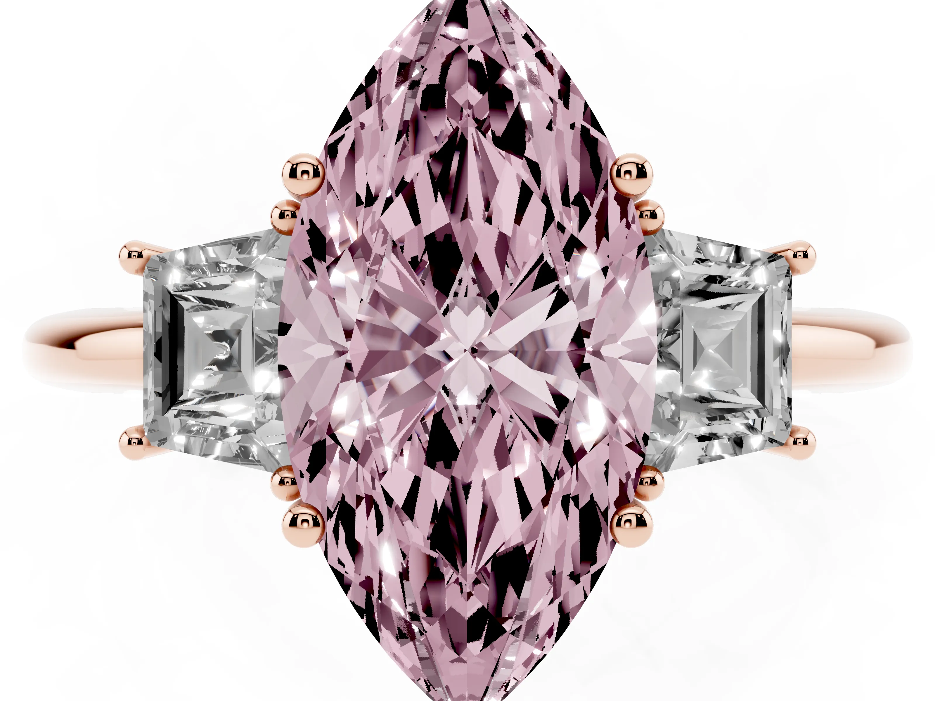 Fancy Pink Marquise Cut Diamond Three-Stone Ring Set in Rose gold with Trapezoid Side Stones and Prong Setting