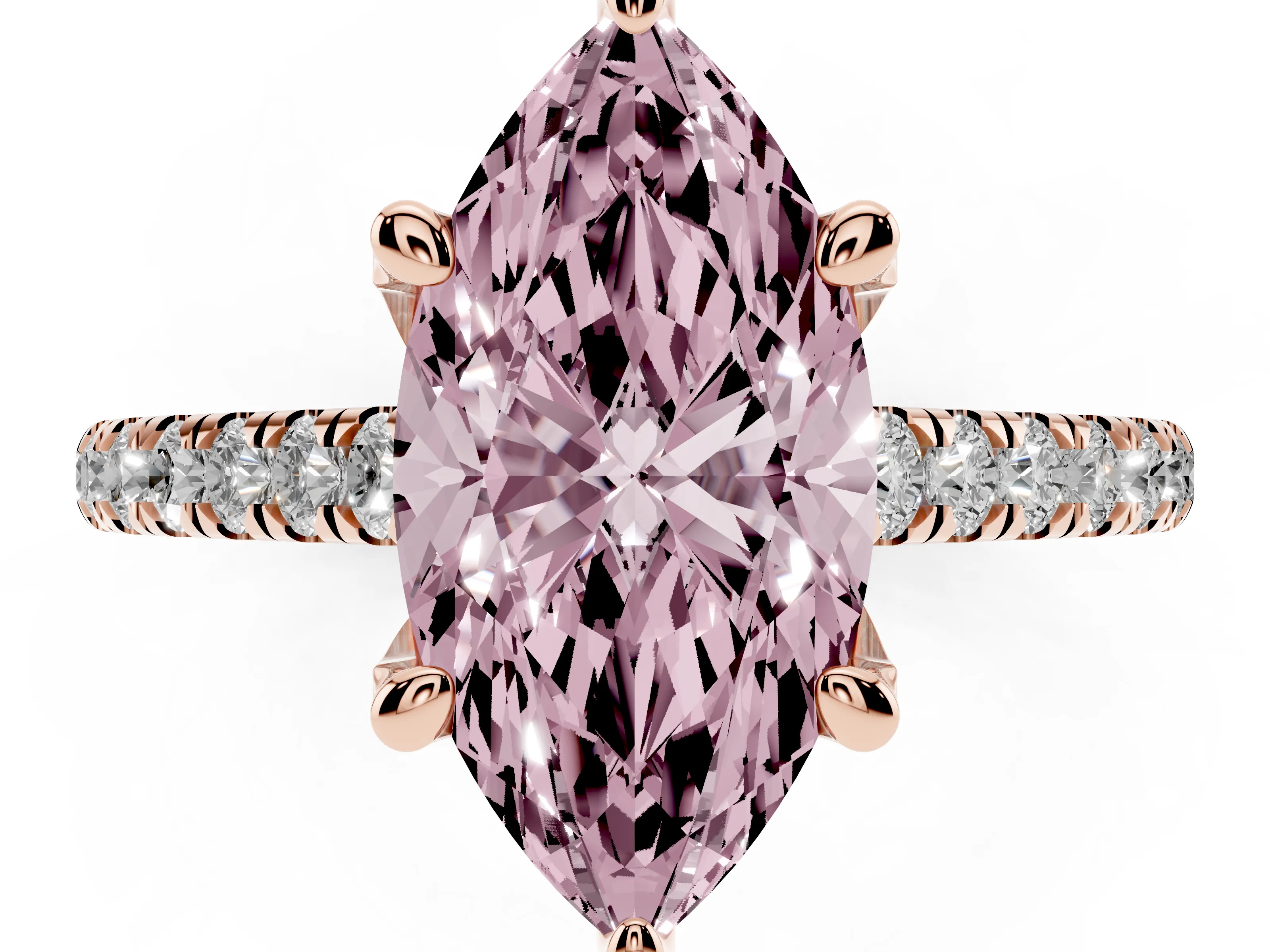 Fancy Pink Marquise Cut Diamond Solitaire Ring Set in Rose gold with Brilliant Pavé Band and Prong Setting