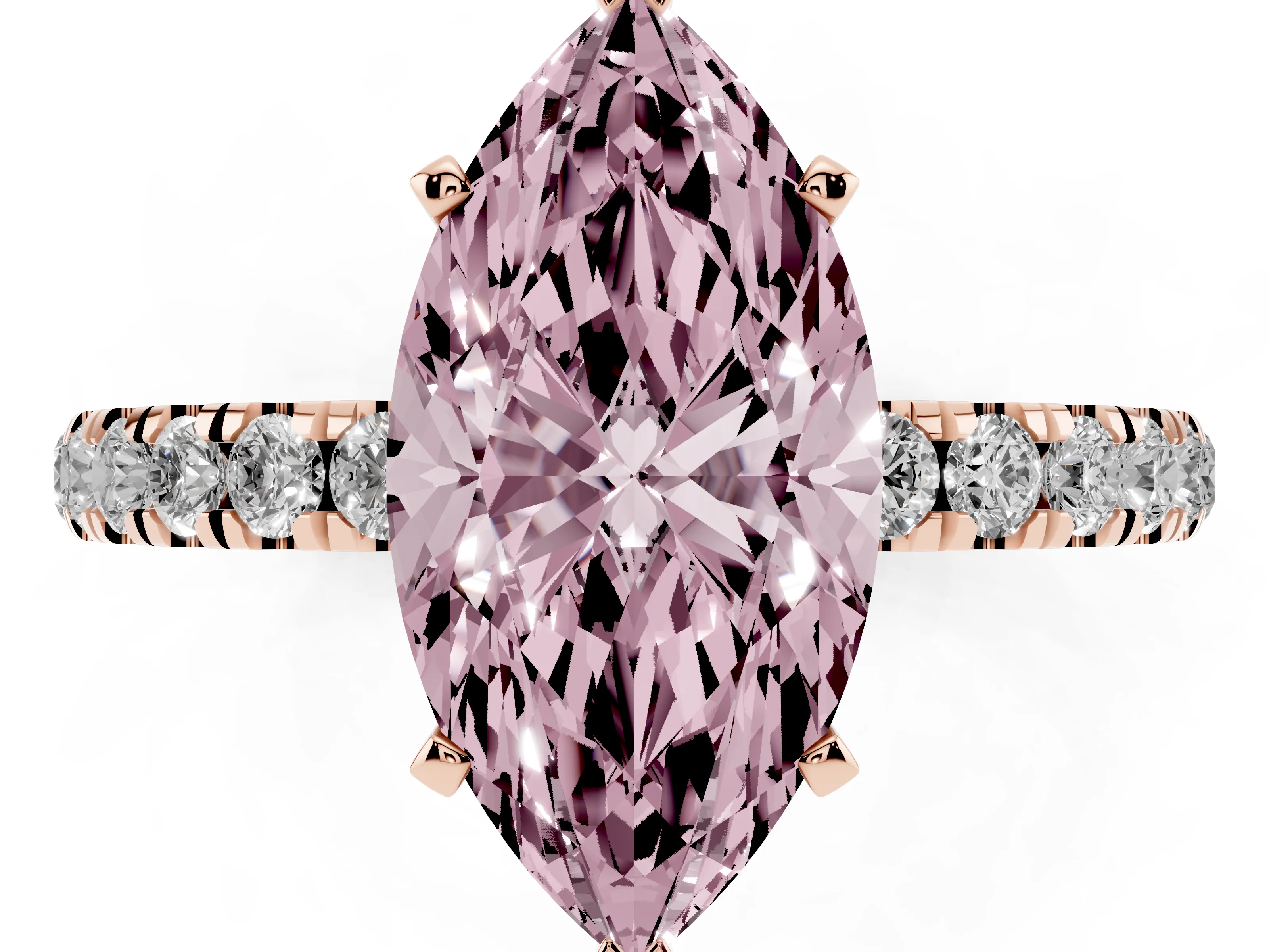 Fancy Pink Marquise Cut Diamond Solitaire Ring Set in Rose gold with Pavé Accents and Prong Setting