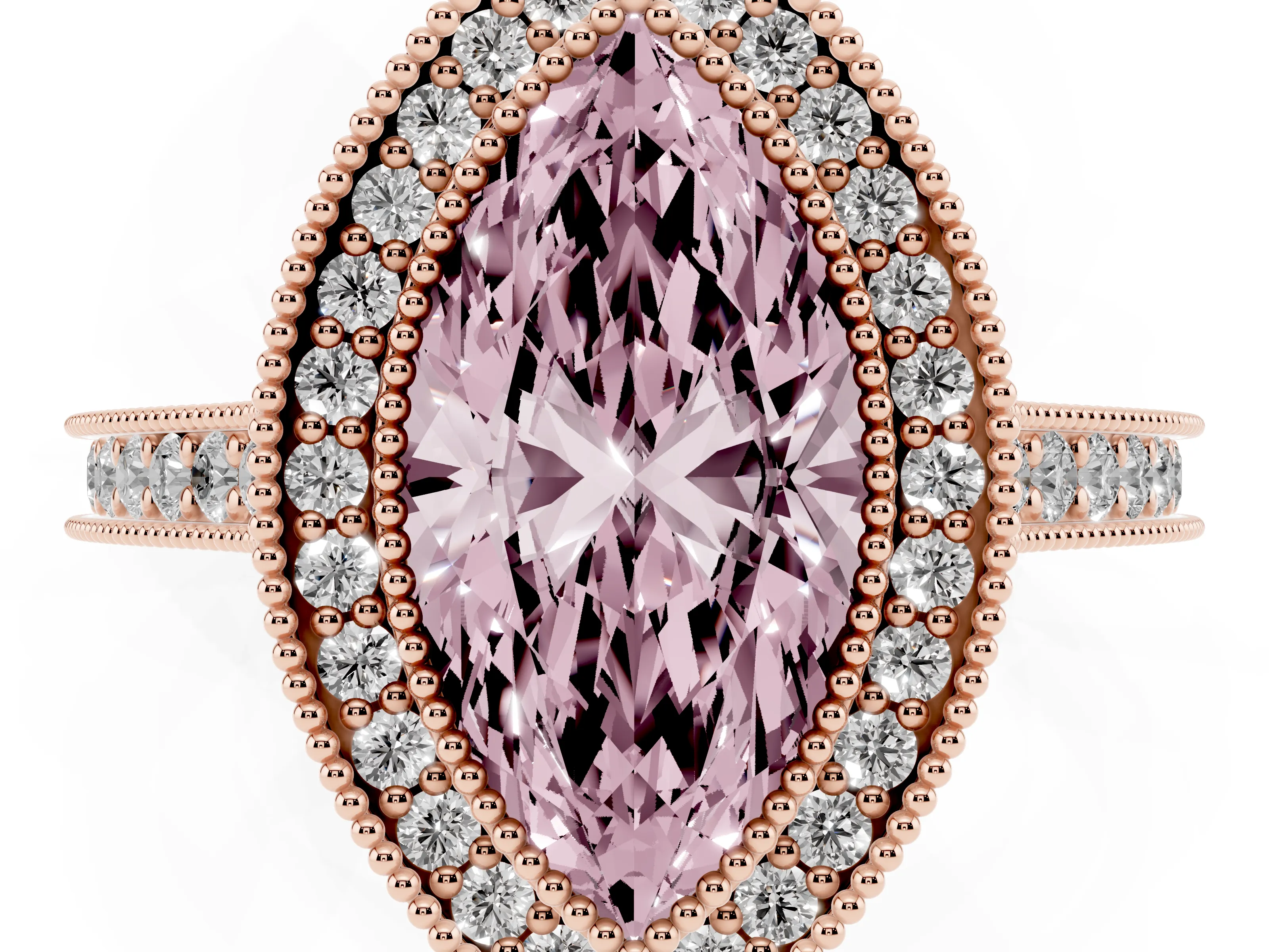 Fancy Pink Marquise Cut Diamond Halo Milgrain Pavé Band Ring Set in Rose gold with Prong Setting