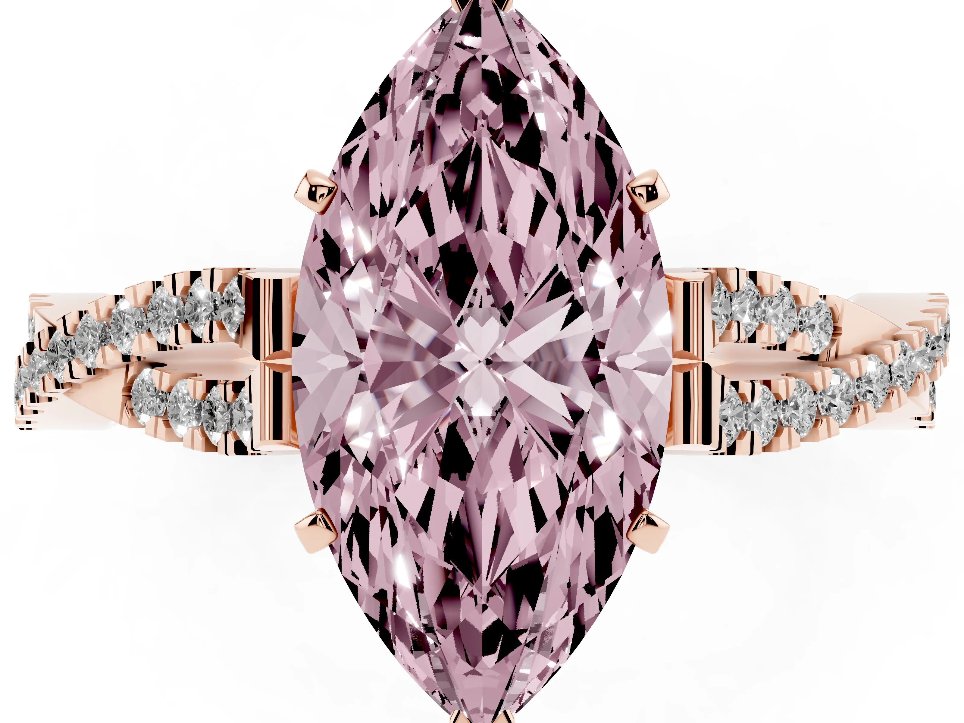 Fancy Pink Marquise Cut Diamond Solitaire Engagement Ring Set in Rose gold with Twisted Pavé Band and Prong Setting