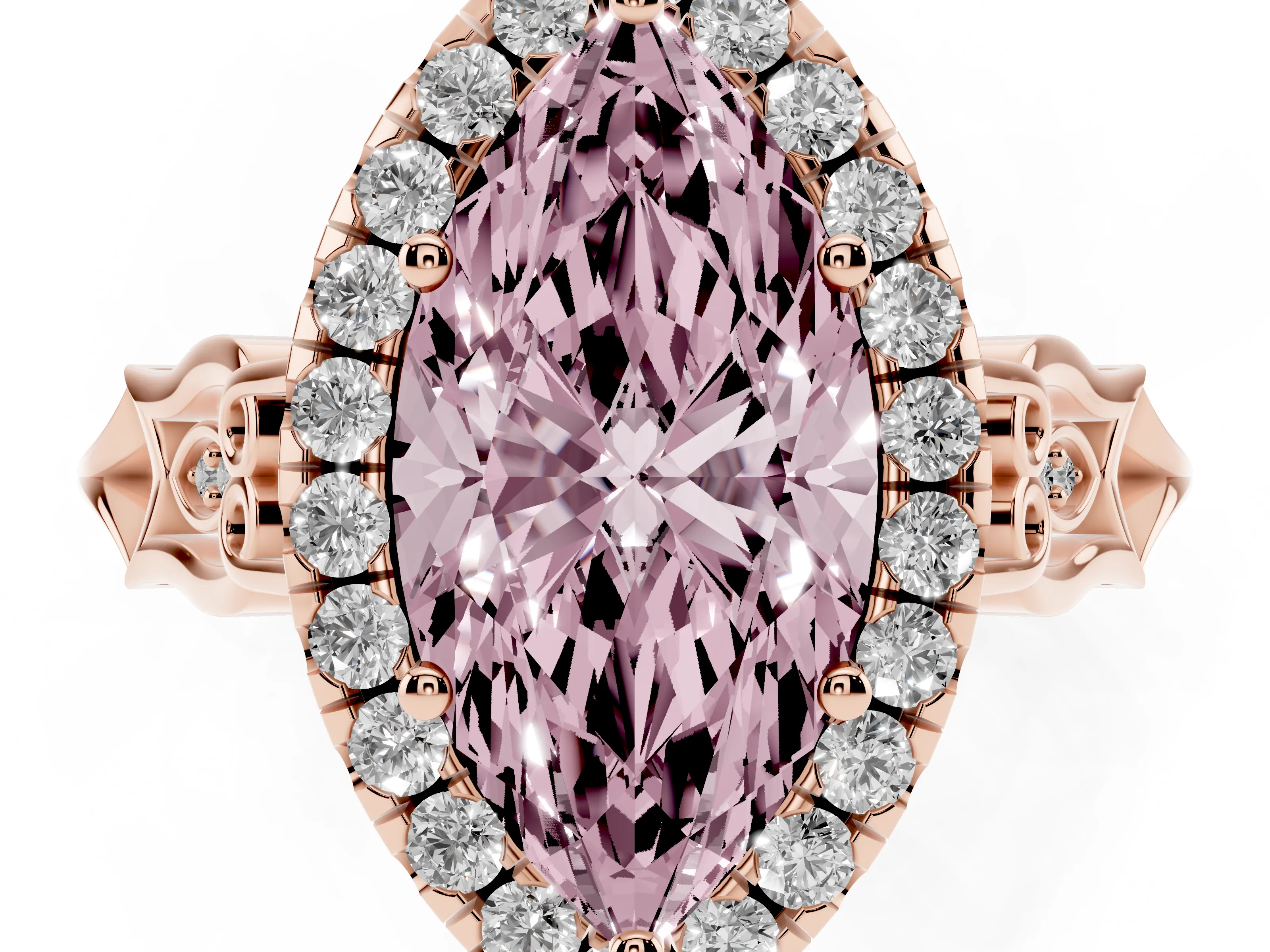 Fancy Pink Marquise Cut Diamond Halo Engagement Ring Set in Rose gold with Filigree Band and Prong-Set Center
