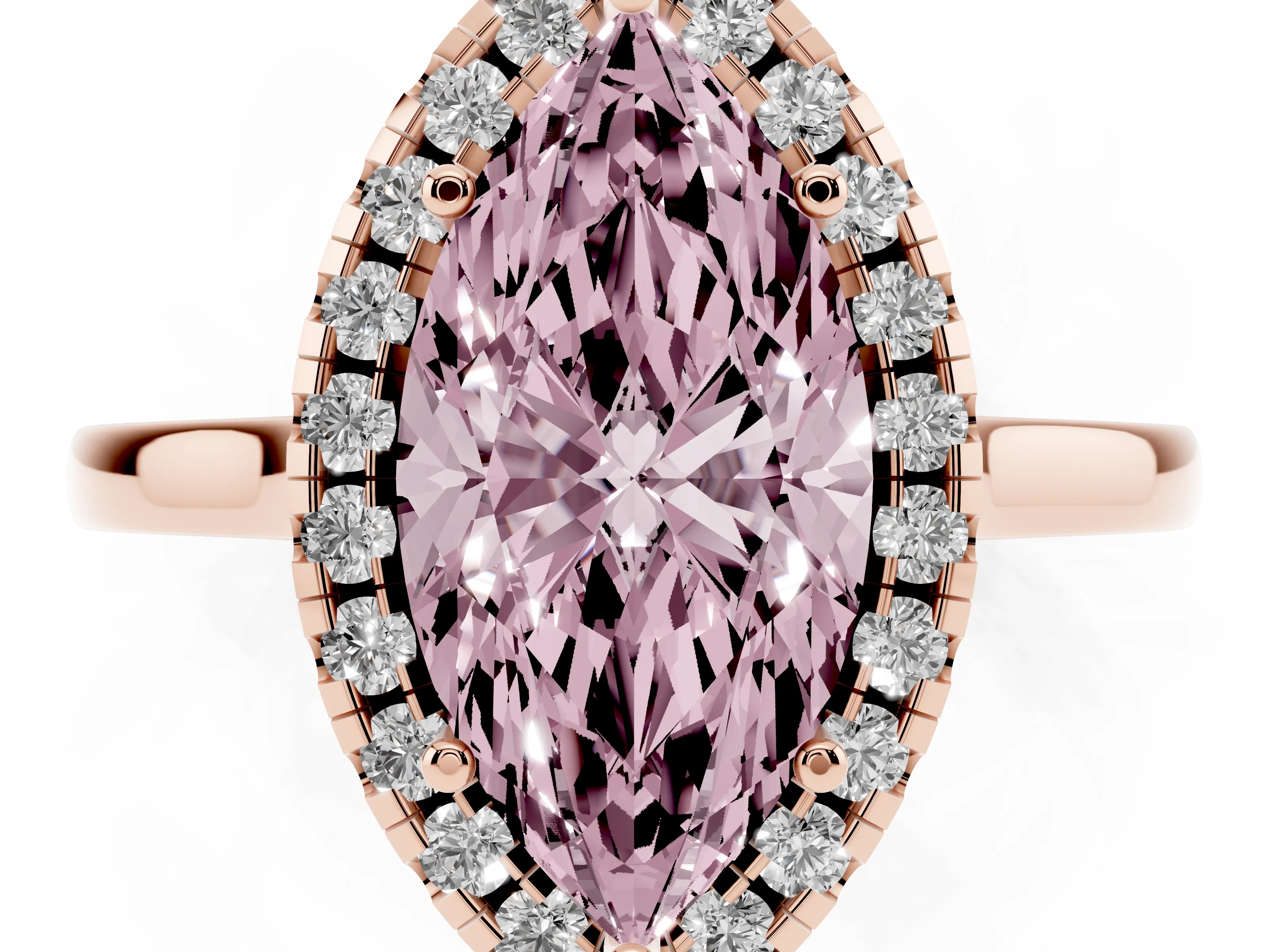 Fancy Pink Marquise Cut Halo Round Diamond Solitaire Ring Set in Rose gold with Pavé Band and Prong Setting