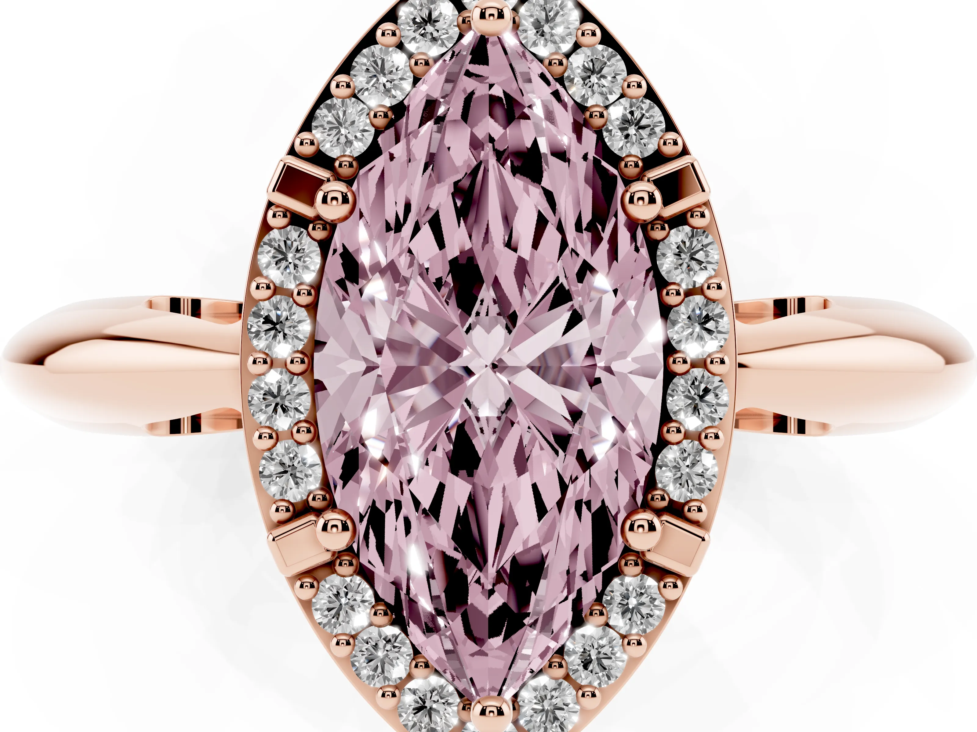 Fancy Pink Marquise Cut Diamond Halo Engagement Ring Set in Rose gold with Plain Split Shank and Prong Setting