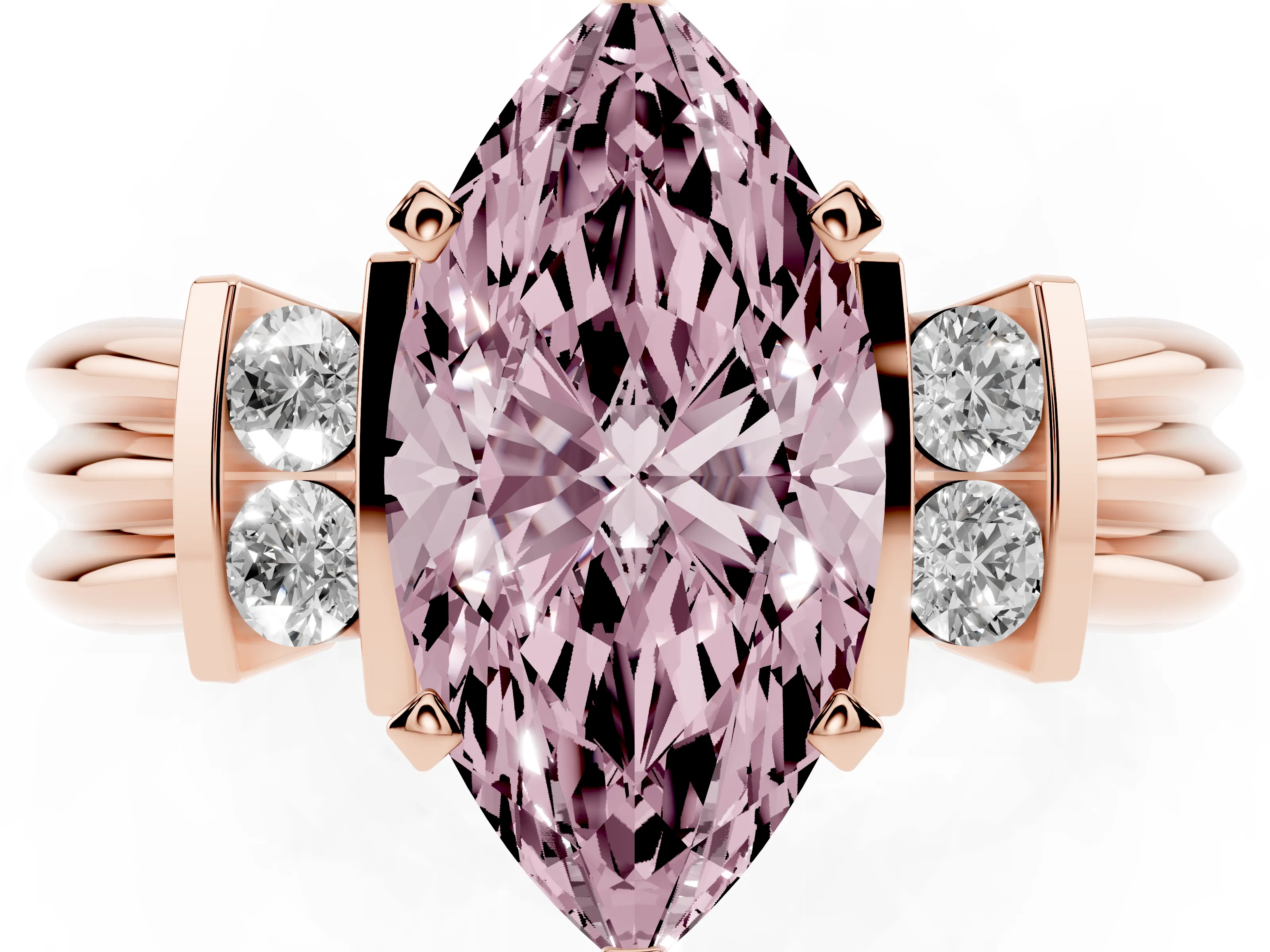 Fancy Pink Three-Stone Marquise Cut Diamond Channel Set Ring Set in Rose gold with Bar Prongs