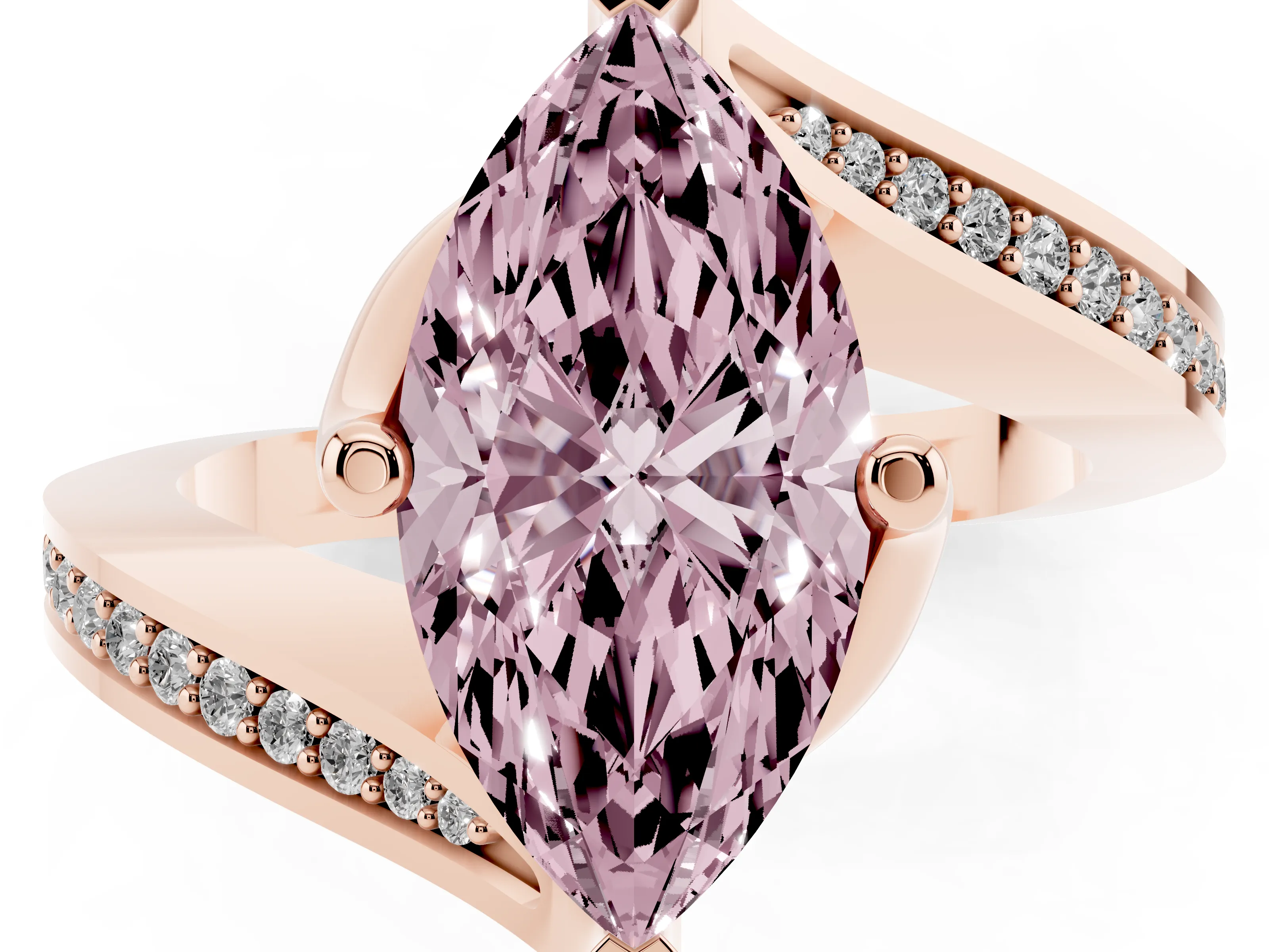 Fancy Pink Marquise Cut Diamond Solitaire Ring Set in Rose gold with Intertwined Pavé Twist Band