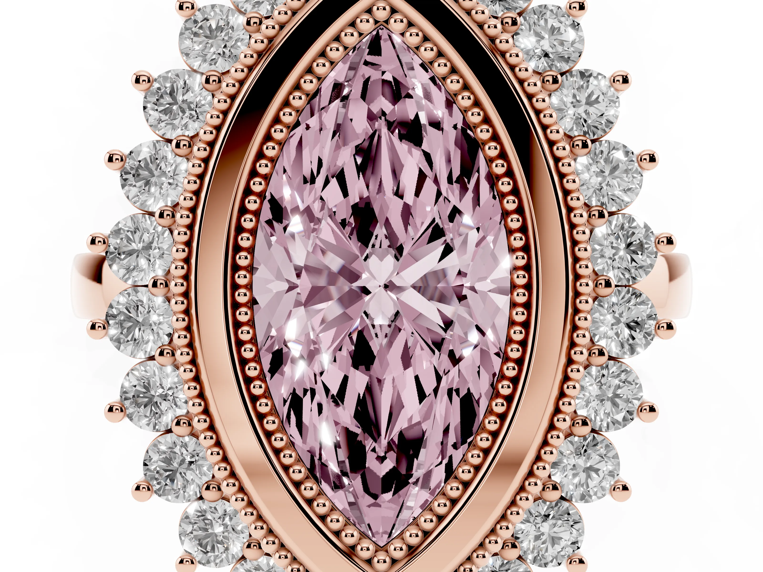 Fancy Pink Marquise Cut Diamond Halo Ring Set in Rose gold with Milgrain Edge and Round Prong Setting