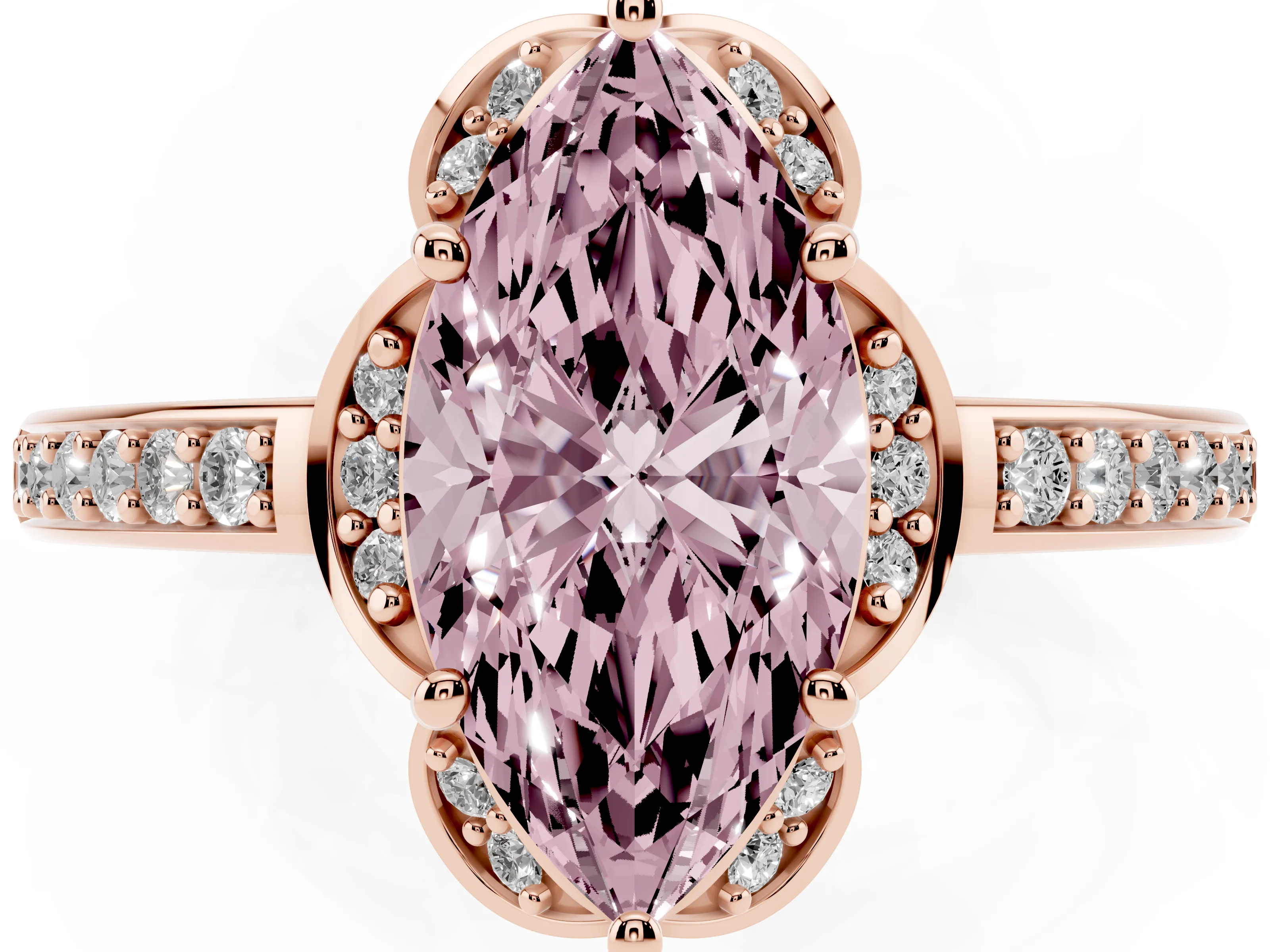 Fancy Pink Marquise Cut Diamond Halo Ring Set in Rose gold with Channel Set Band and Prong Setting