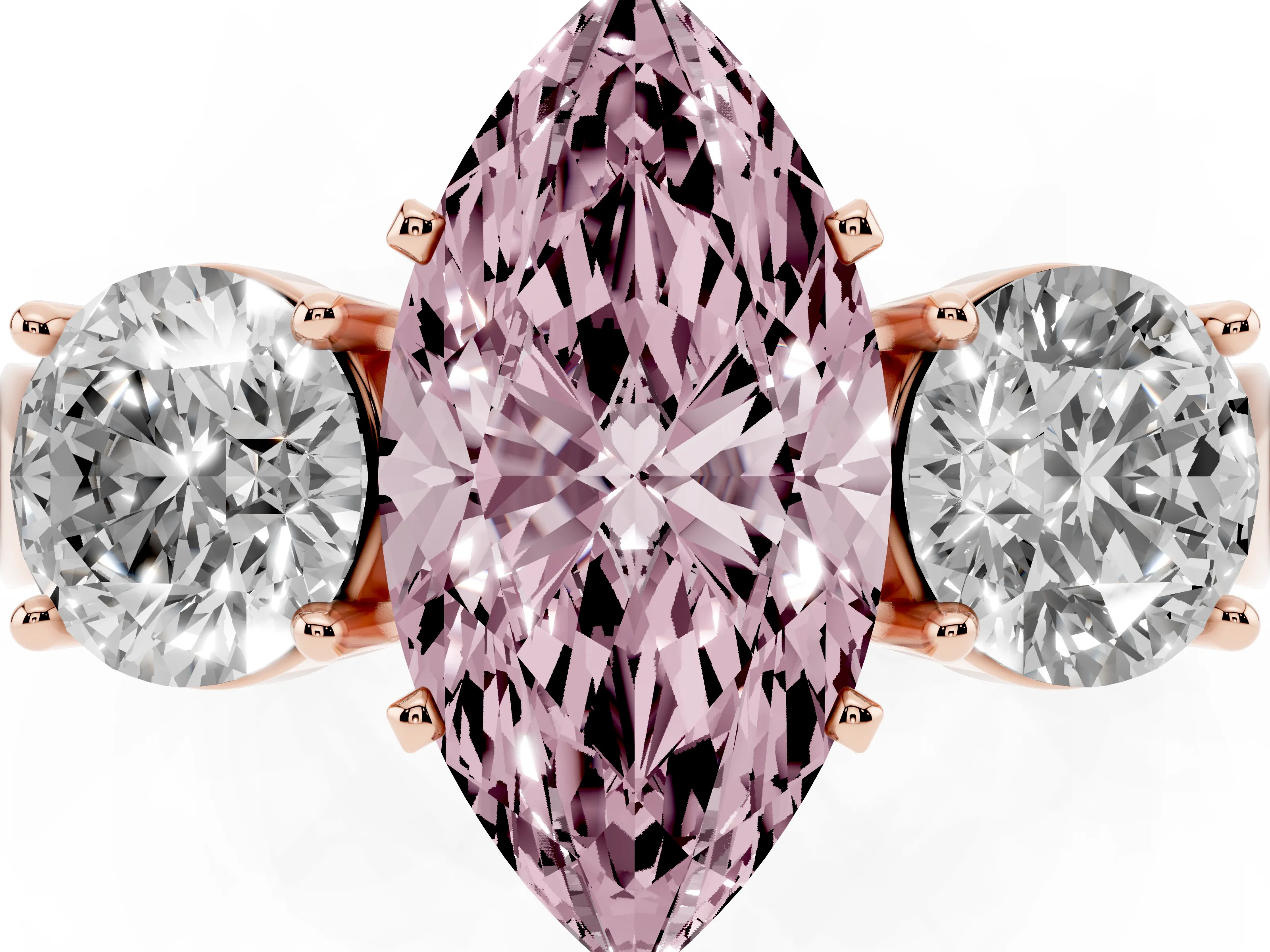 Fancy Pink Marquise Cut Diamond Three-Stone Ring Set in Rose gold with Round Side Stones and Classic Band
