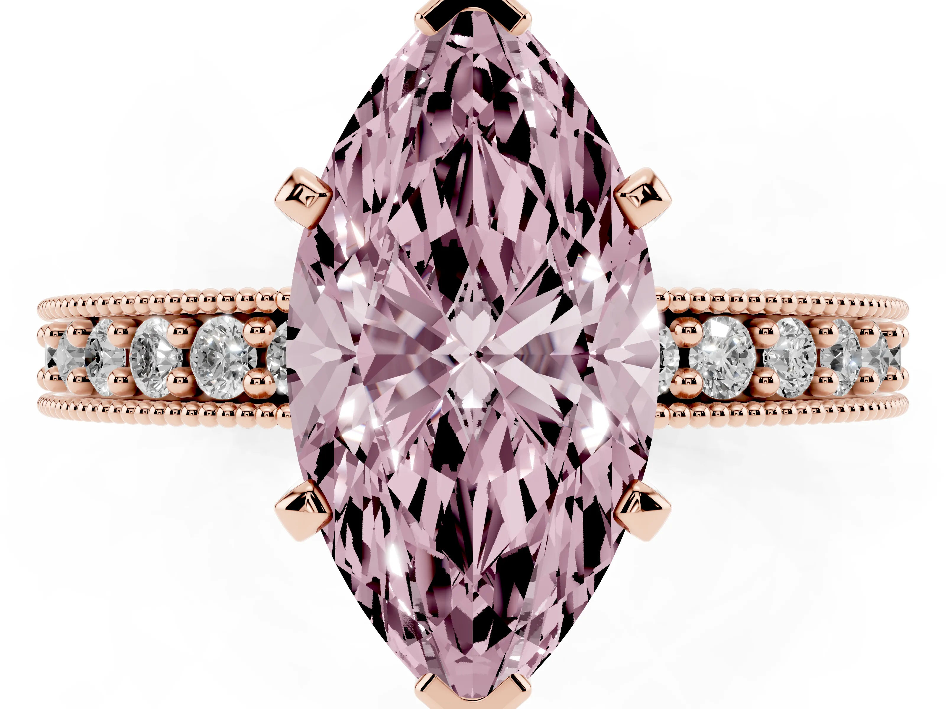 Fancy Pink Marquise Cut Diamond Milgrain Pavé Engagement Ring Set in Rose gold with Prong Setting