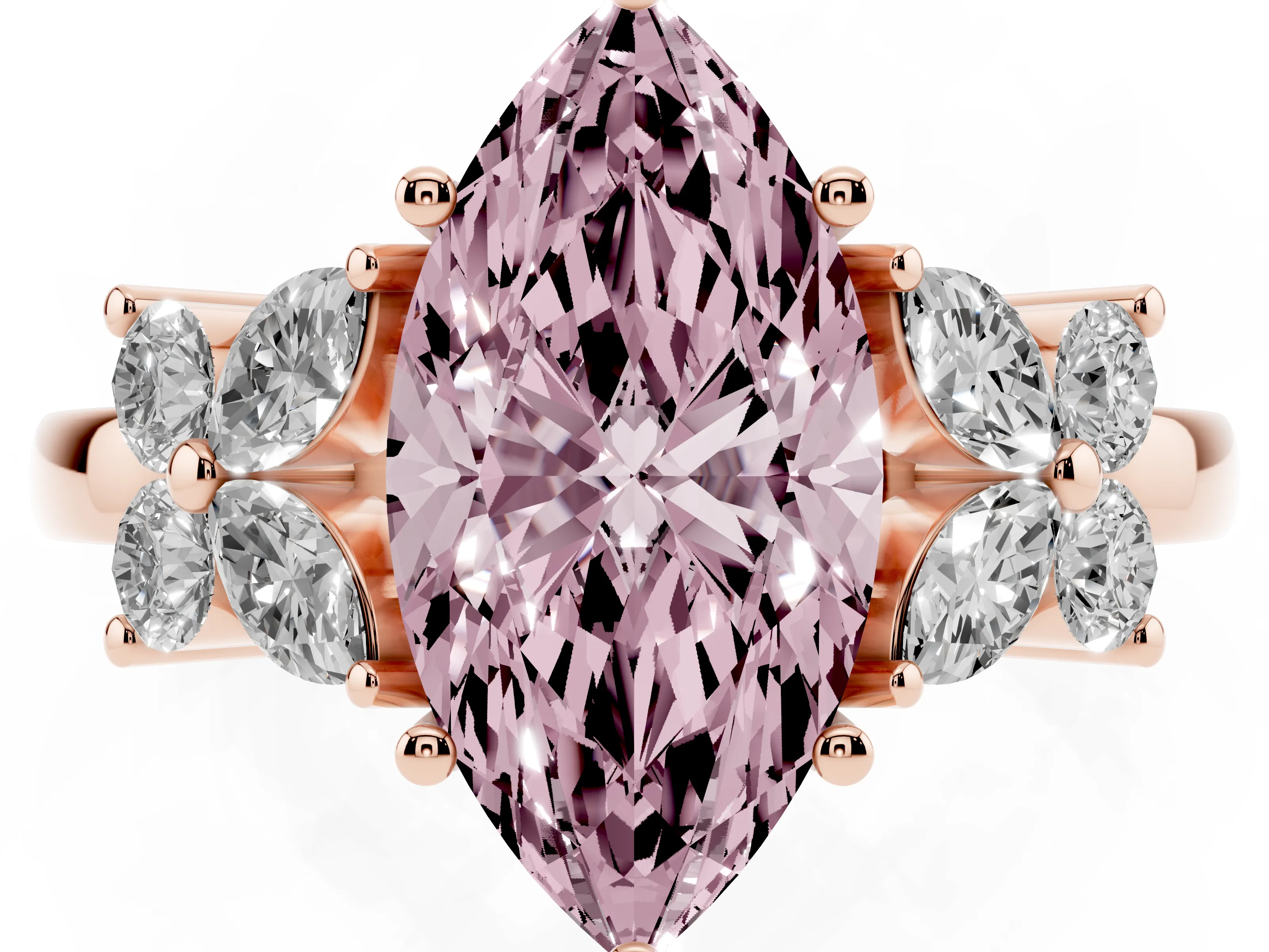 Fancy Pink Marquise Cut Diamond Floral Cluster Ring Set in Rose gold with Marquise Petals and Prong Setting