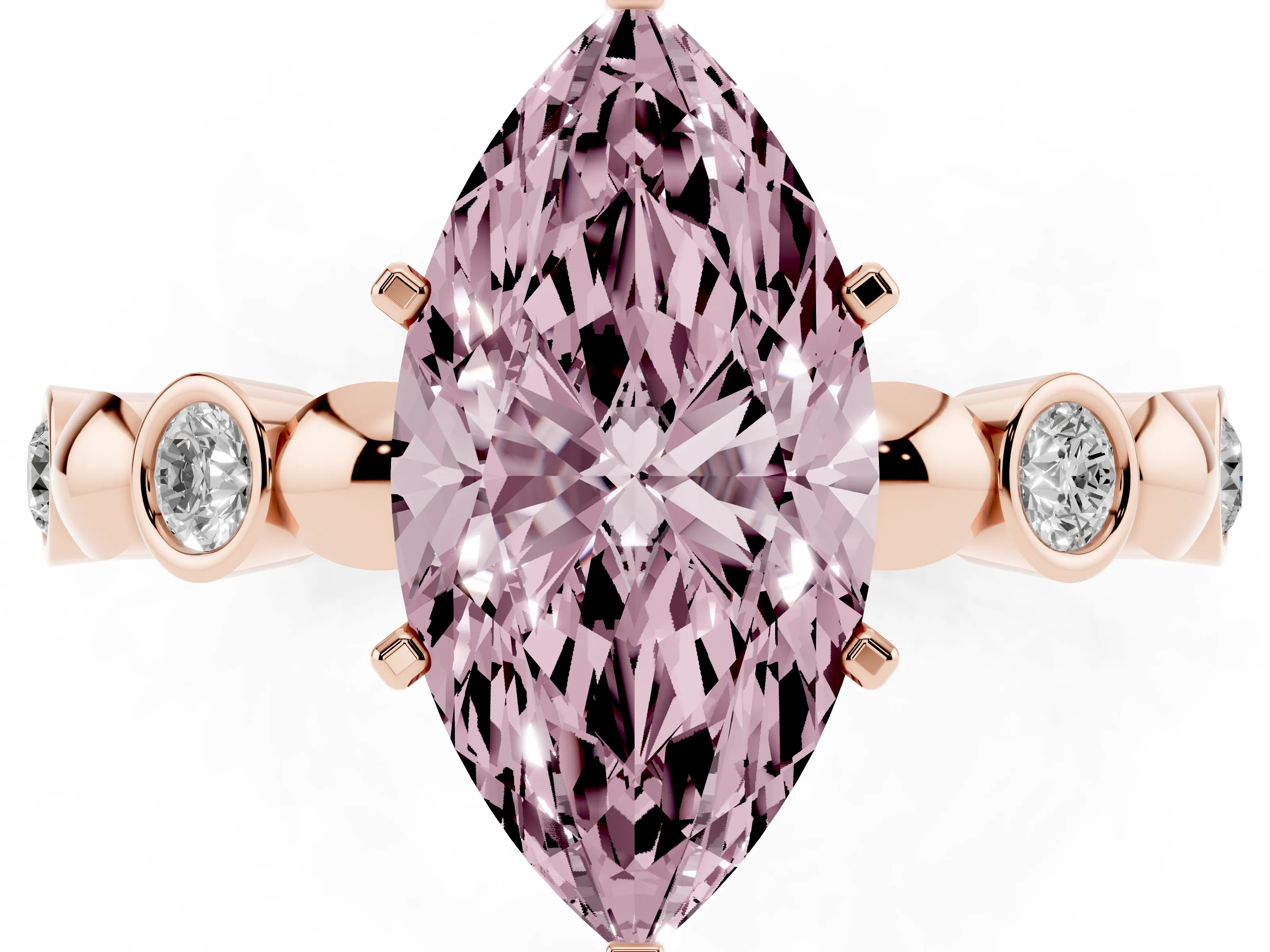 Fancy Pink Marquise Cut Diamond Solitaire Ring Set in Rose gold with Bezel-Set Accents on Beaded Band and Prong Setting
