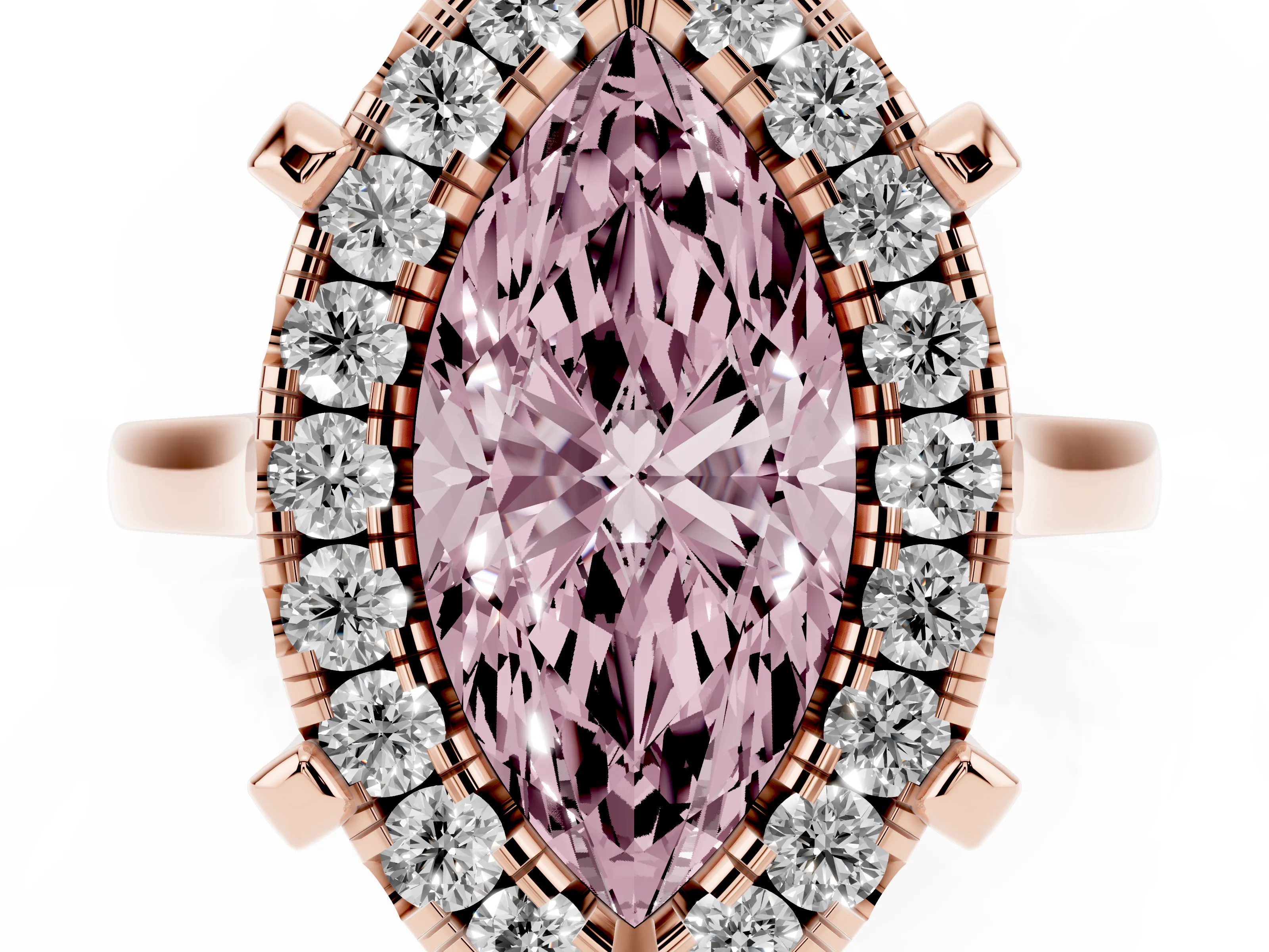 Fancy Pink Marquise Cut Diamond Cluster Halo Solitaire Ring Set in Rose gold with Prong Setting