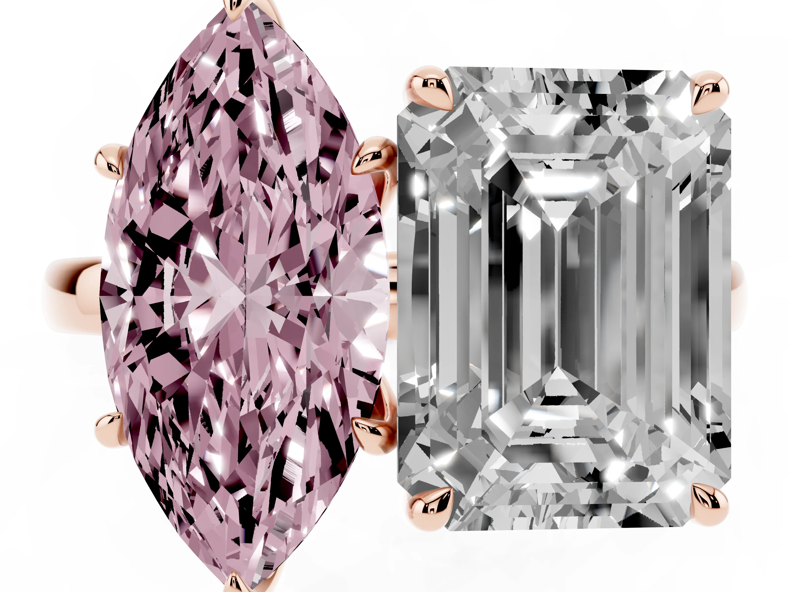 Fancy Pink Marquise Cut and Emerald Cut Toi Moi Ring Set in Rose gold with Prong Setting
