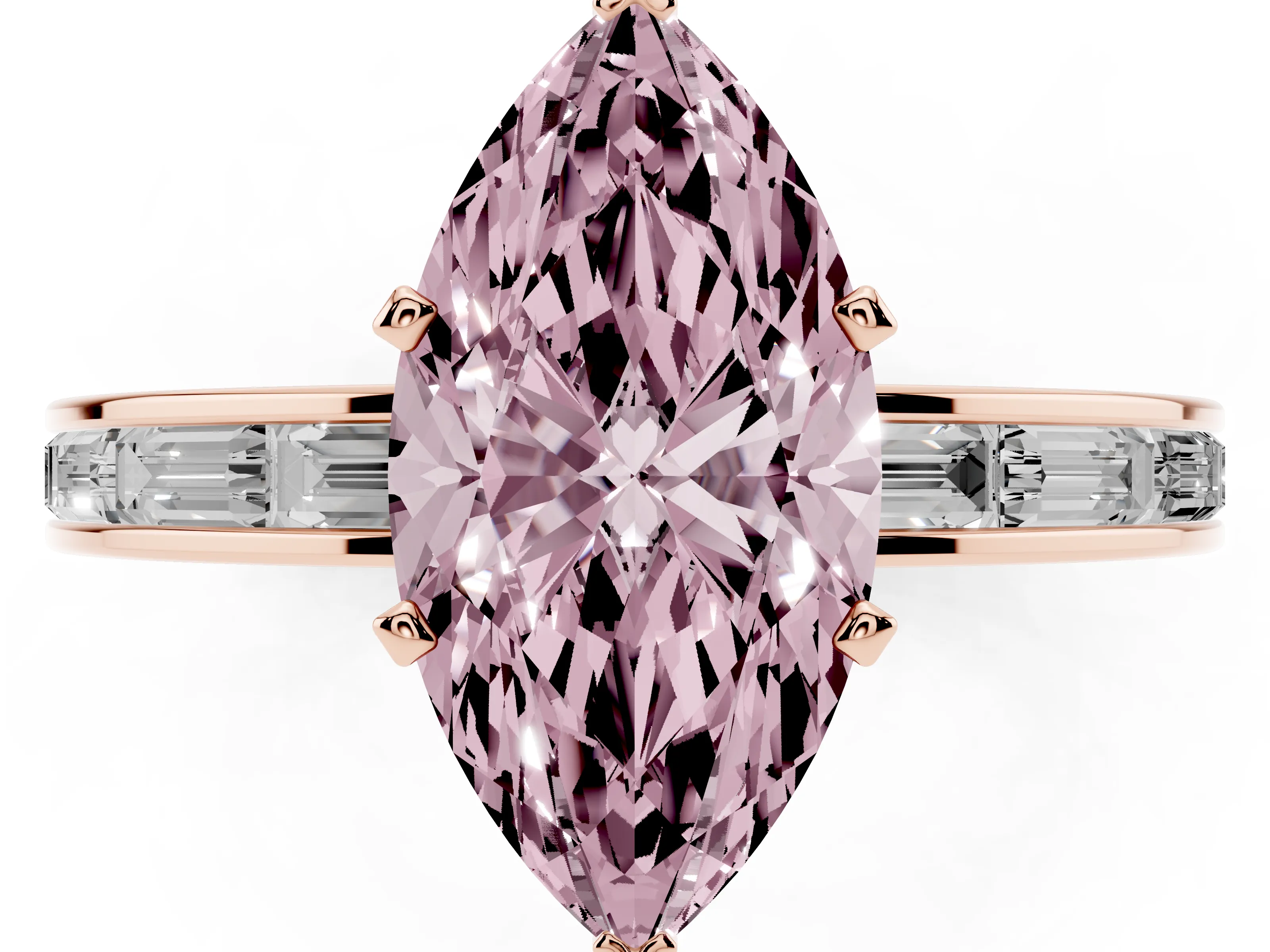 Fancy Pink Marquise Cut Diamond Solitaire Ring Set in Rose gold with Channel-Set Baguette Band and Prong Setting
