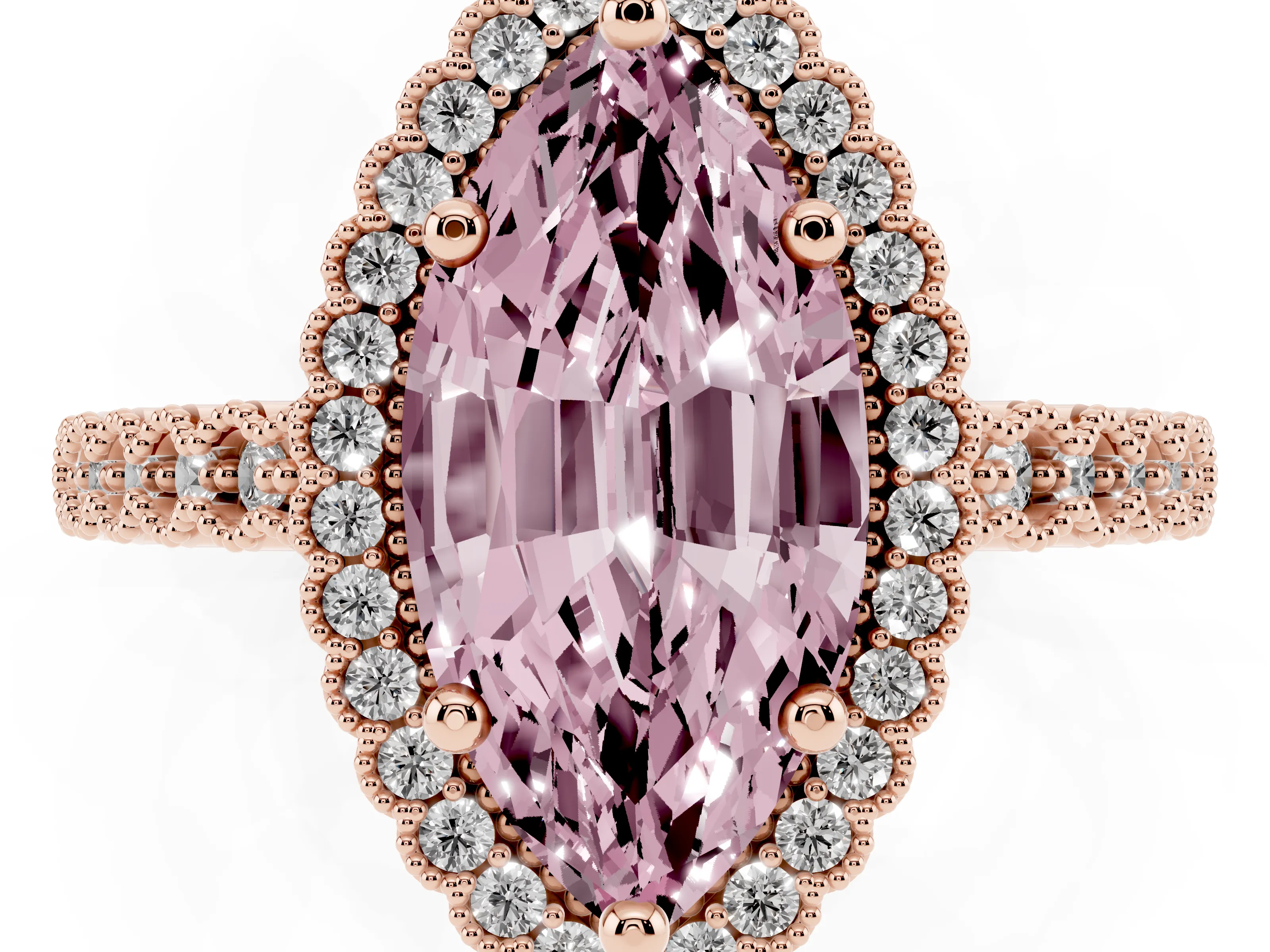 Fancy Pink Marquise Cut Diamond Halo Ring Set in Rose gold with Pavé Milgrain Band