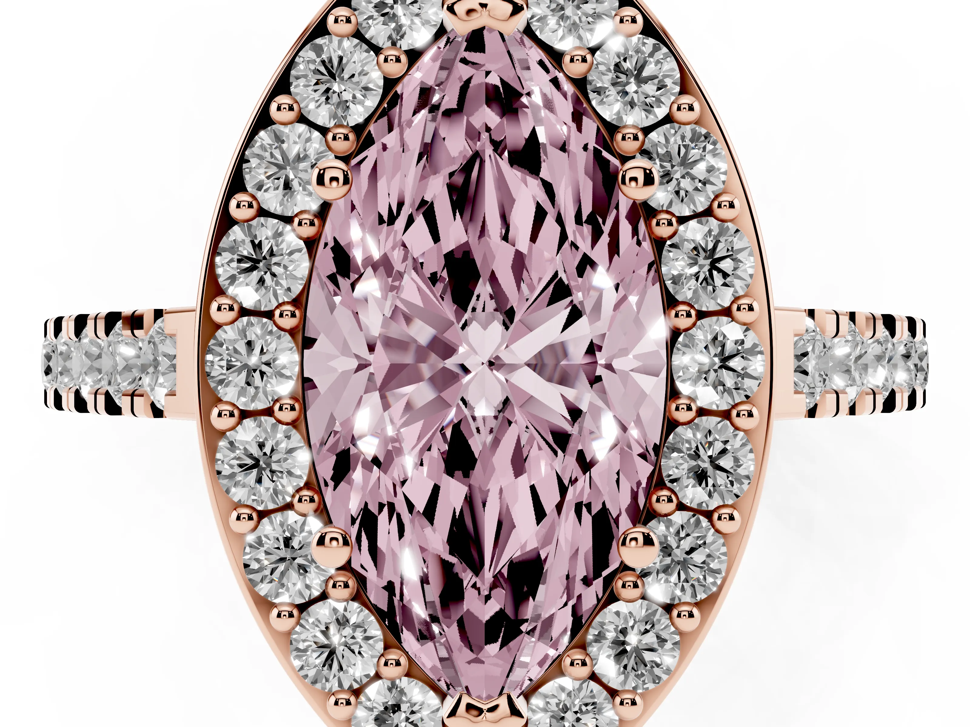 Fancy Pink Marquise Cut Diamond Halo Ring Set in Rose gold with Round Pavé Split Shank and Prong Setting