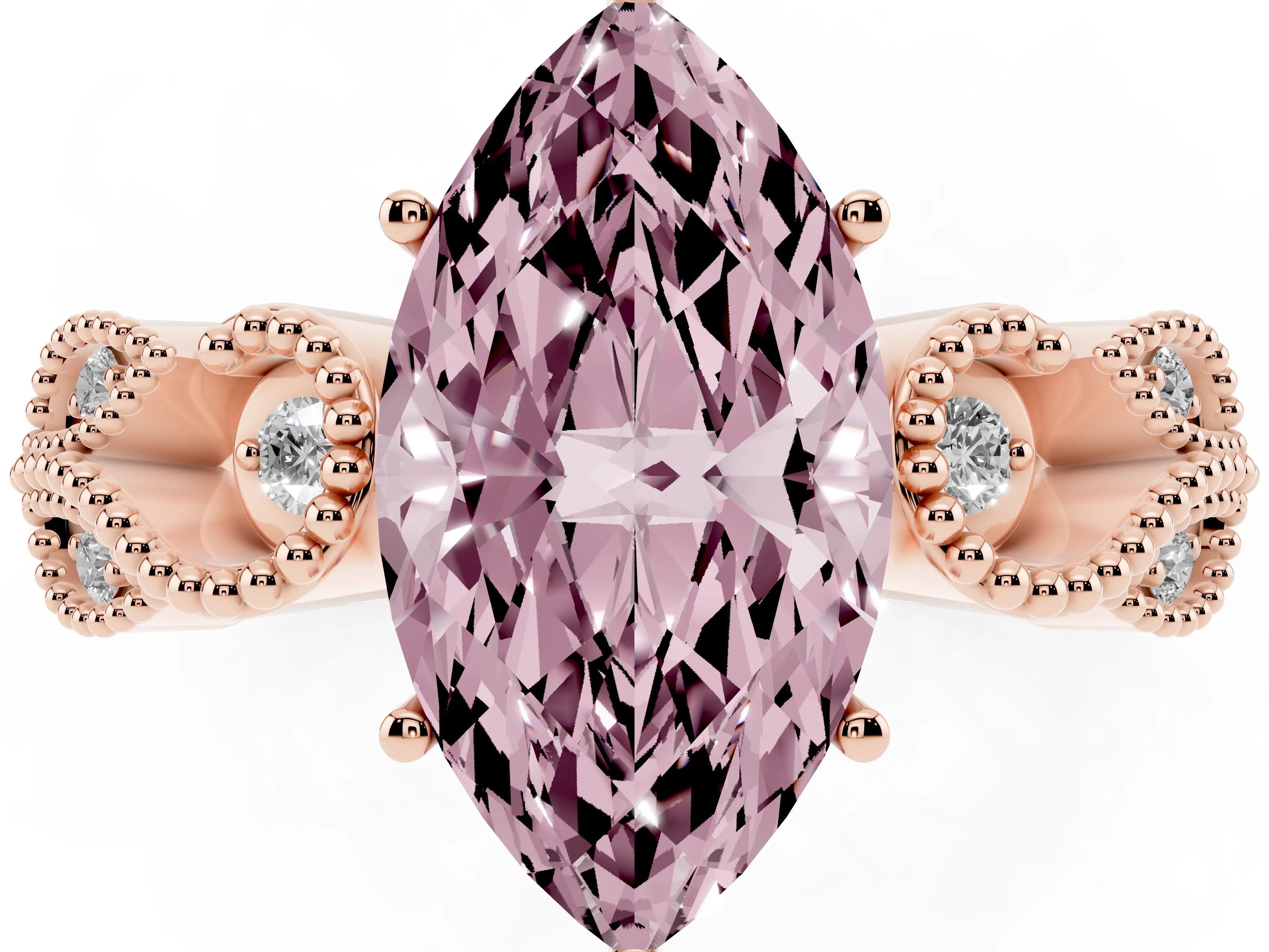 Fancy Pink Marquise Cut Diamond Milgrain Leaf Band Solitaire Ring Set in Rose gold with Accent Stones and Prong Setting