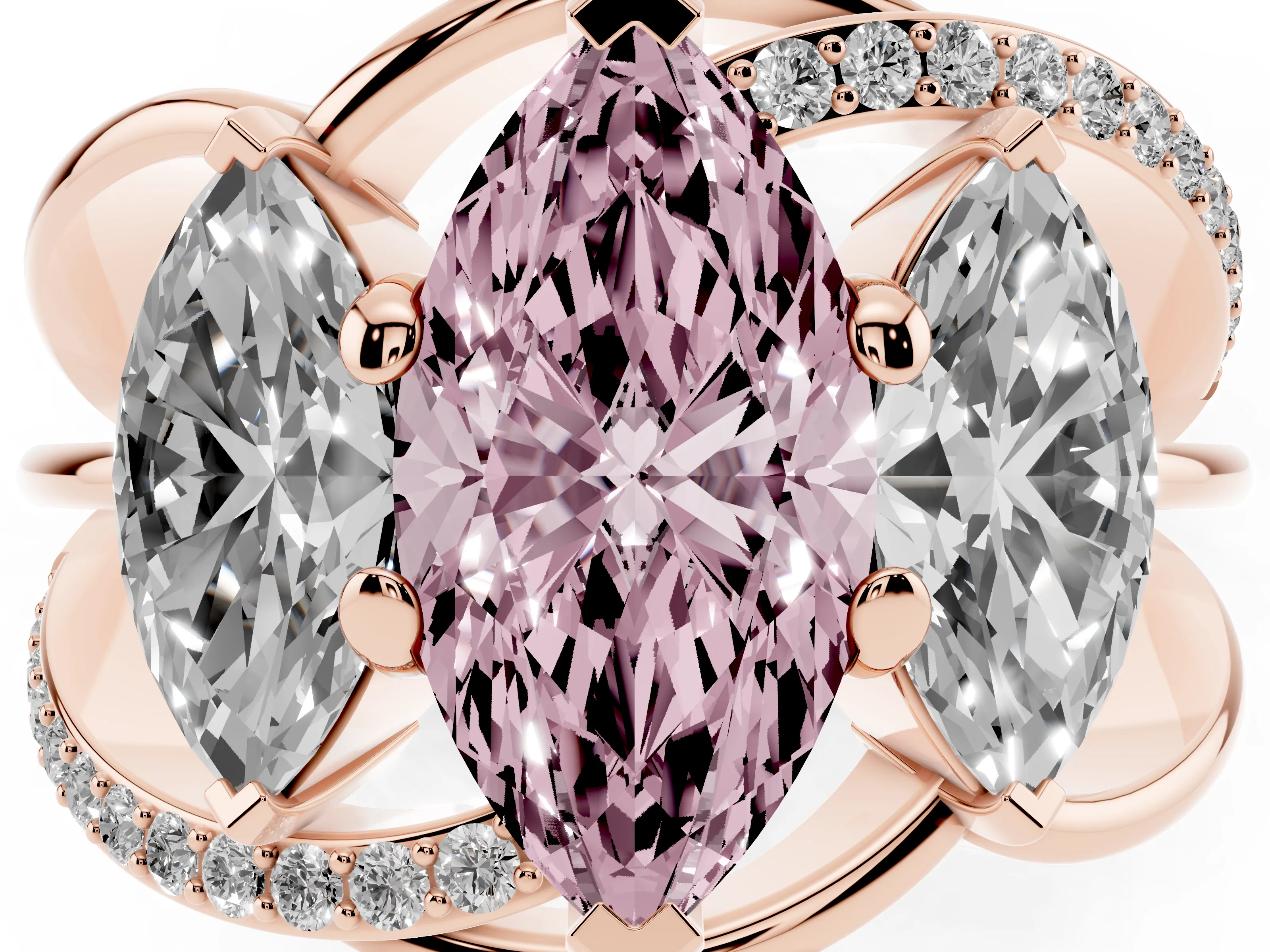 Fancy Pink Marquise Cut Diamond Three-Stone Ring Set in Rose gold with Split Shank and Prong Setting