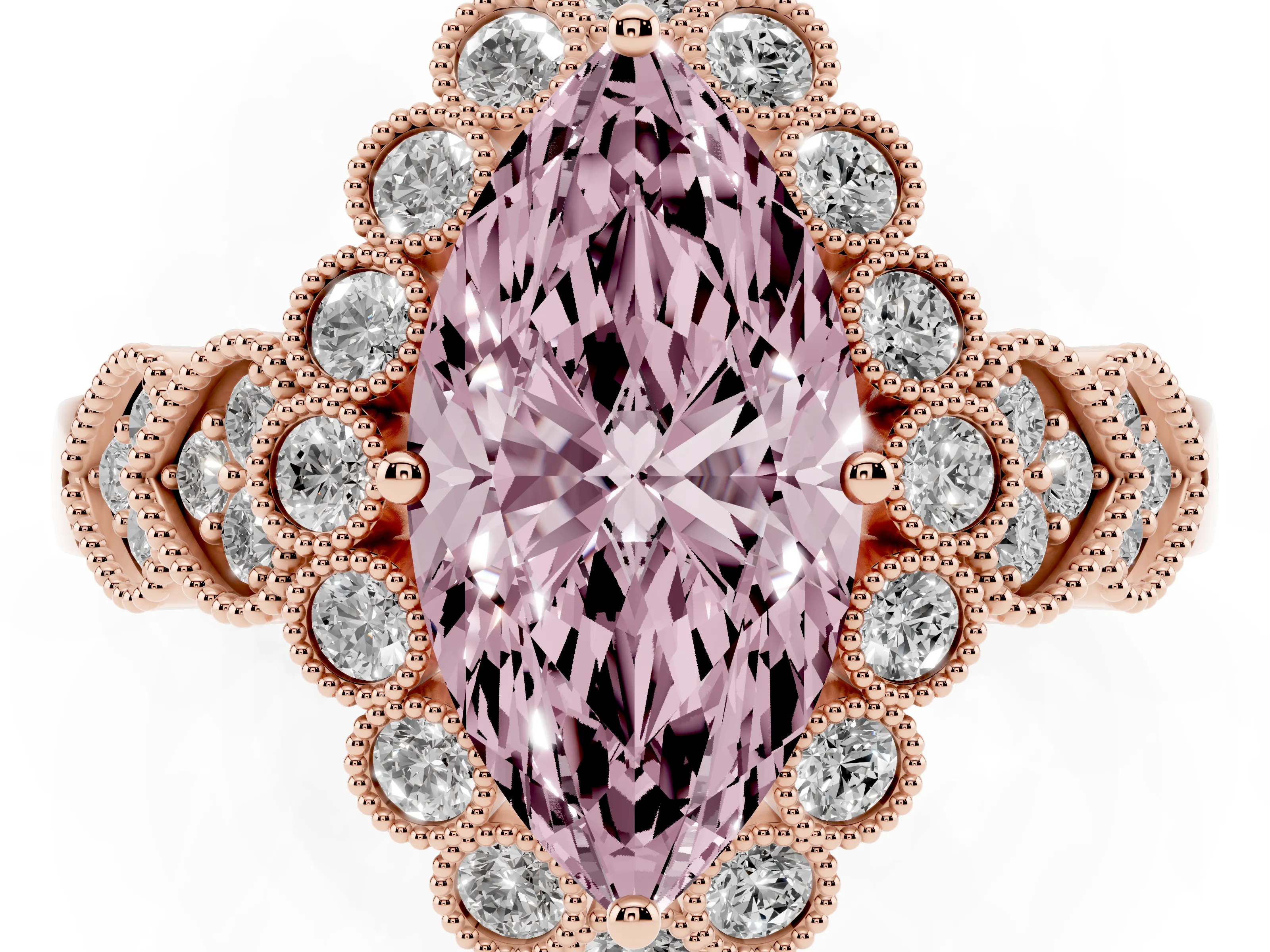 Fancy Pink Marquise Cut Diamond Solitaire Ring Set in Rose gold with Milgrain Pavé Heart Band