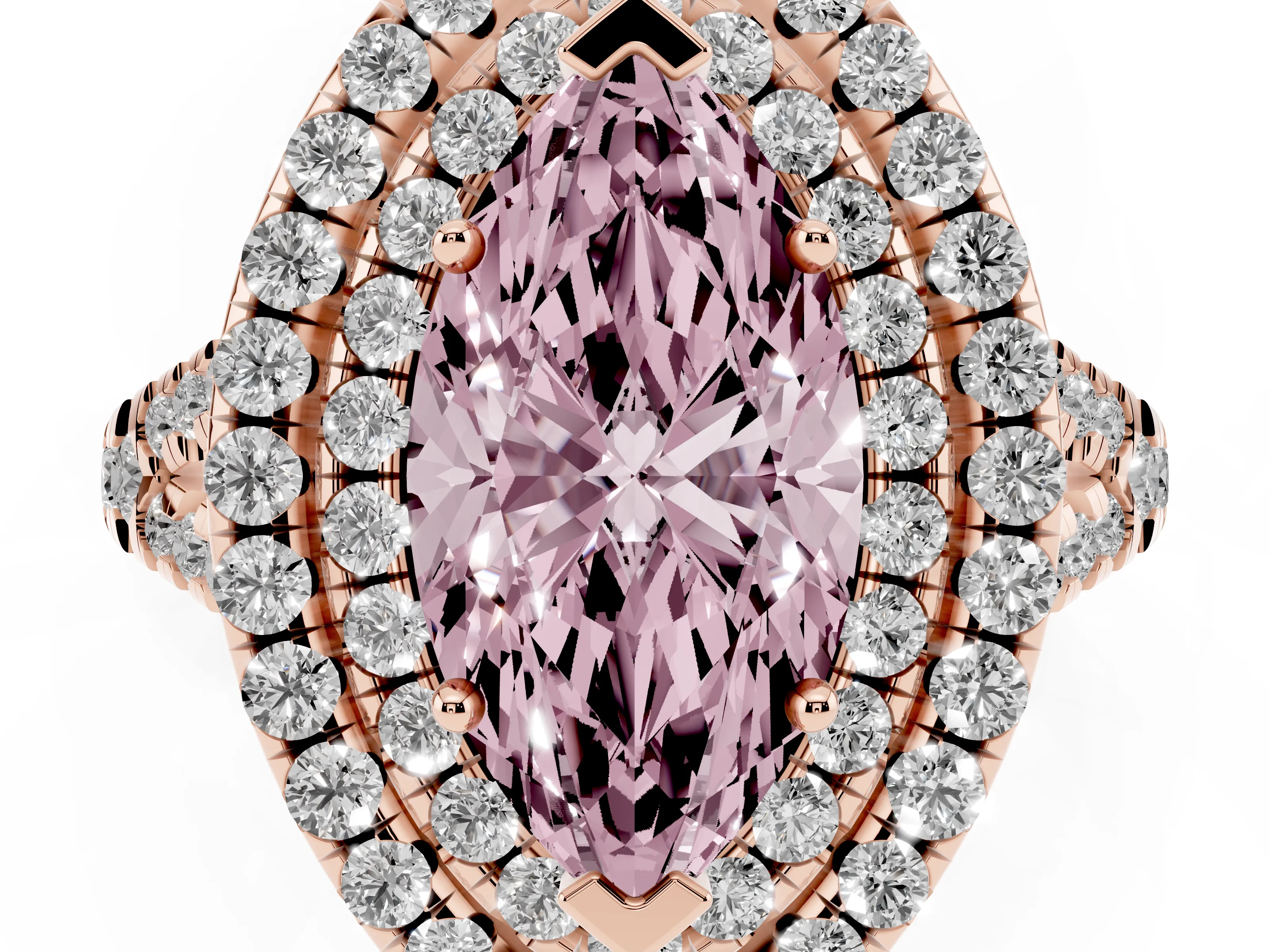 Fancy Pink Marquise Cut Diamond Double Halo Ring Set in Rose gold with Pavé Split Shank and Prong Setting