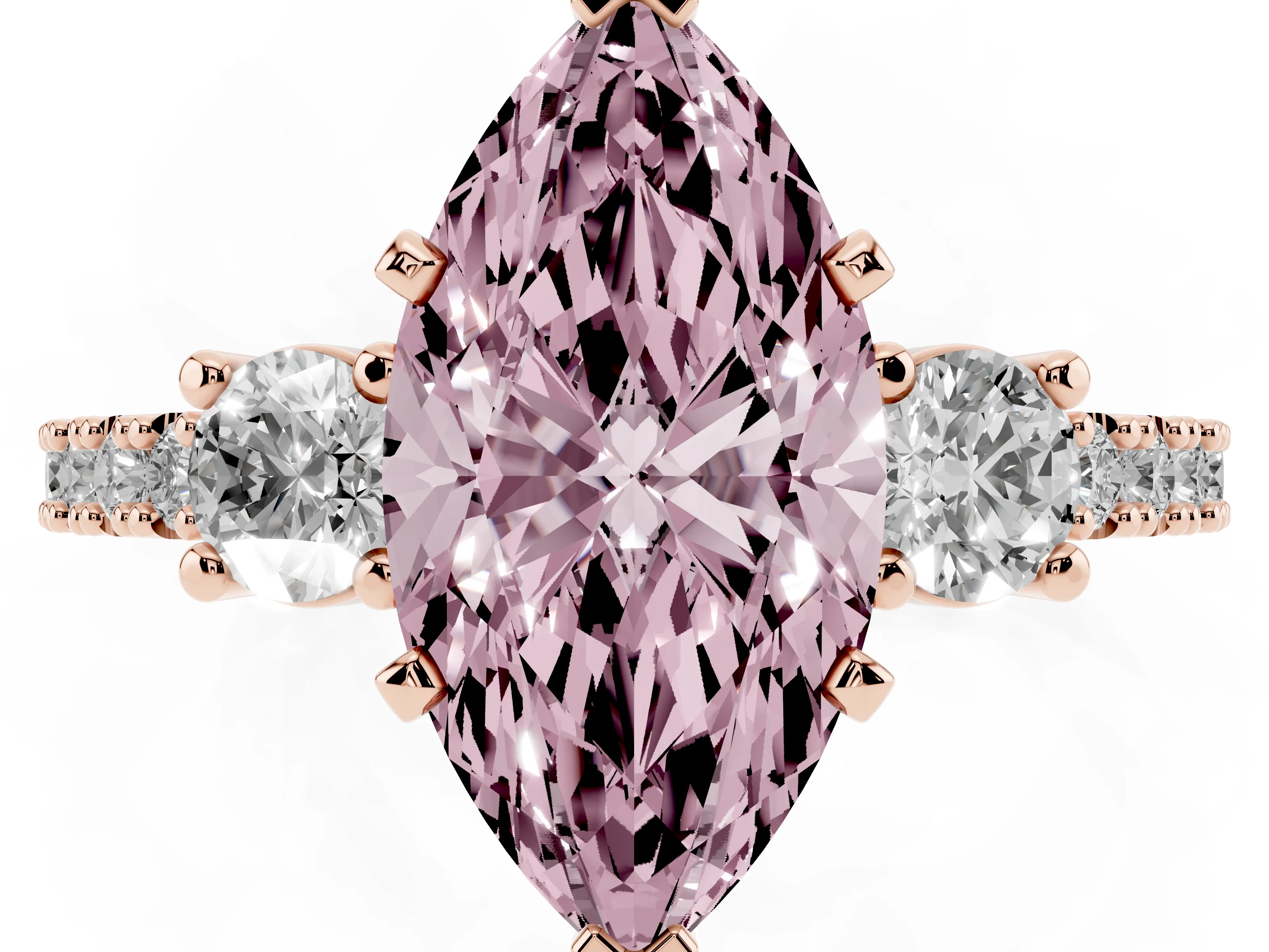 Fancy Pink Three-Stone Marquise Cut Diamond Pavé Band Ring Set in Rose gold with Prong Setting