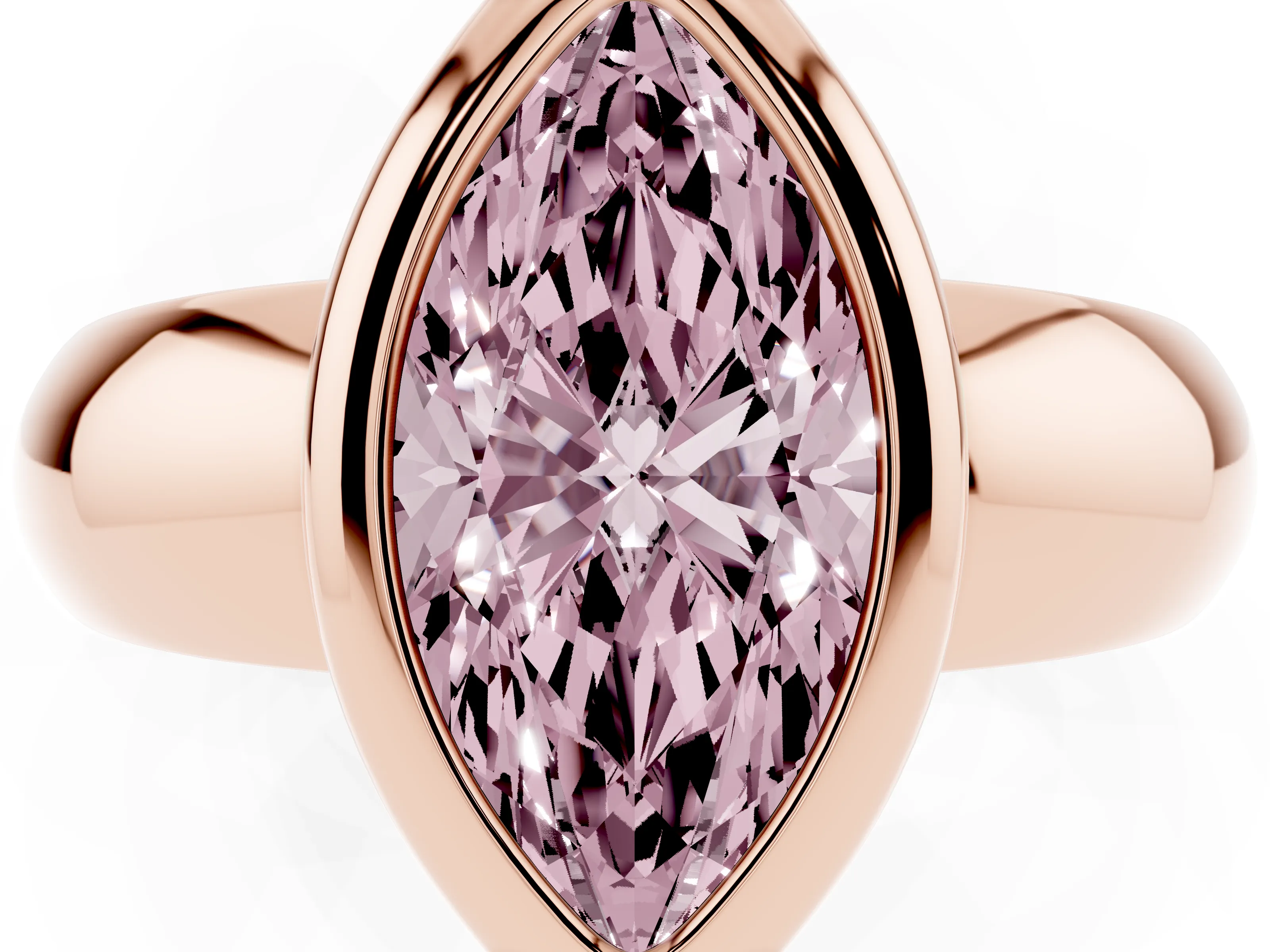 Fancy Pink Bezel Set Marquise Cut Diamond Solitaire Ring Set in Rose gold with Wide Band