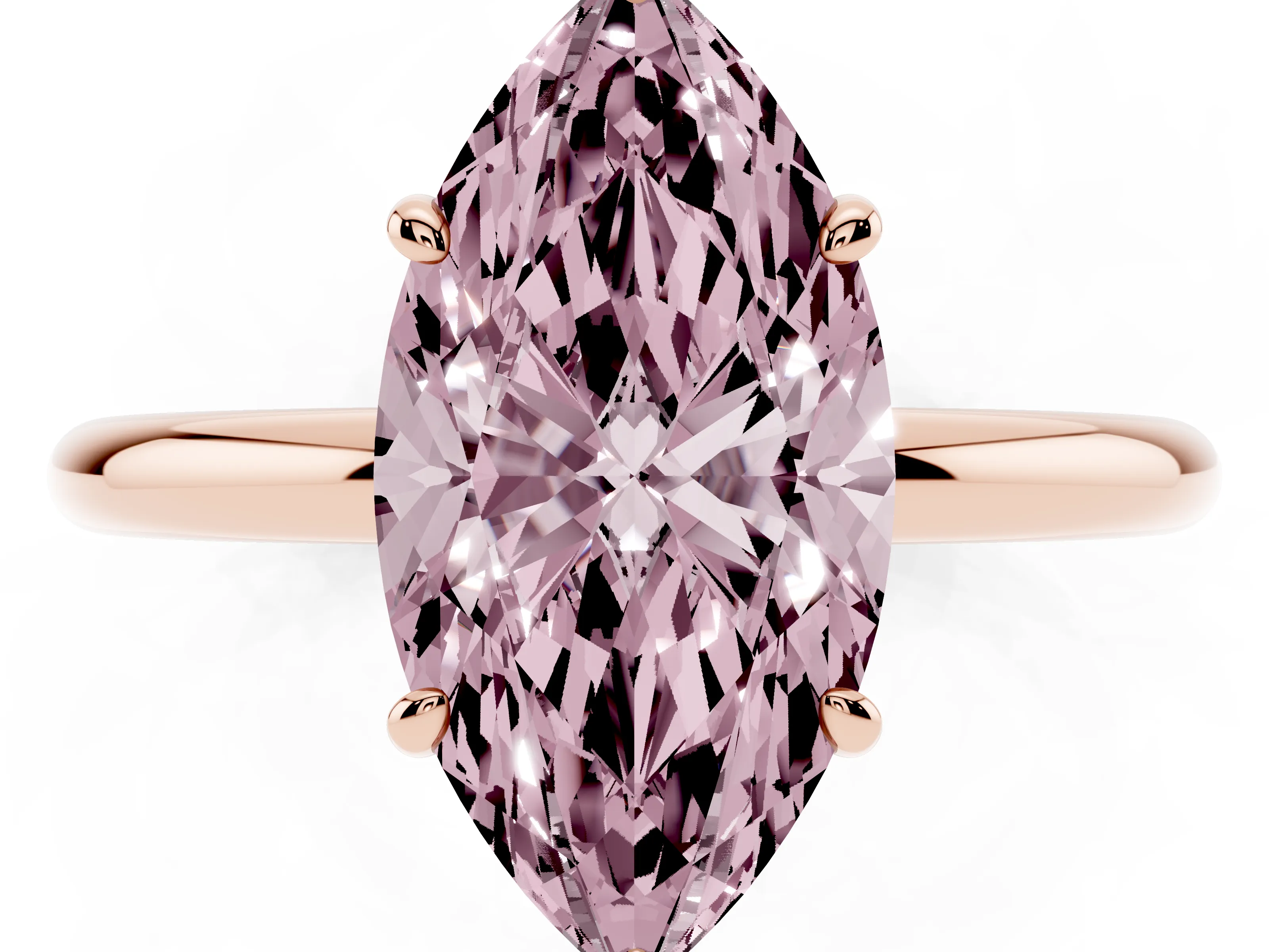 Fancy Pink Marquise Cut Diamond Solitaire Ring Set in Rose gold with Prong Setting on a Polished Plain Band