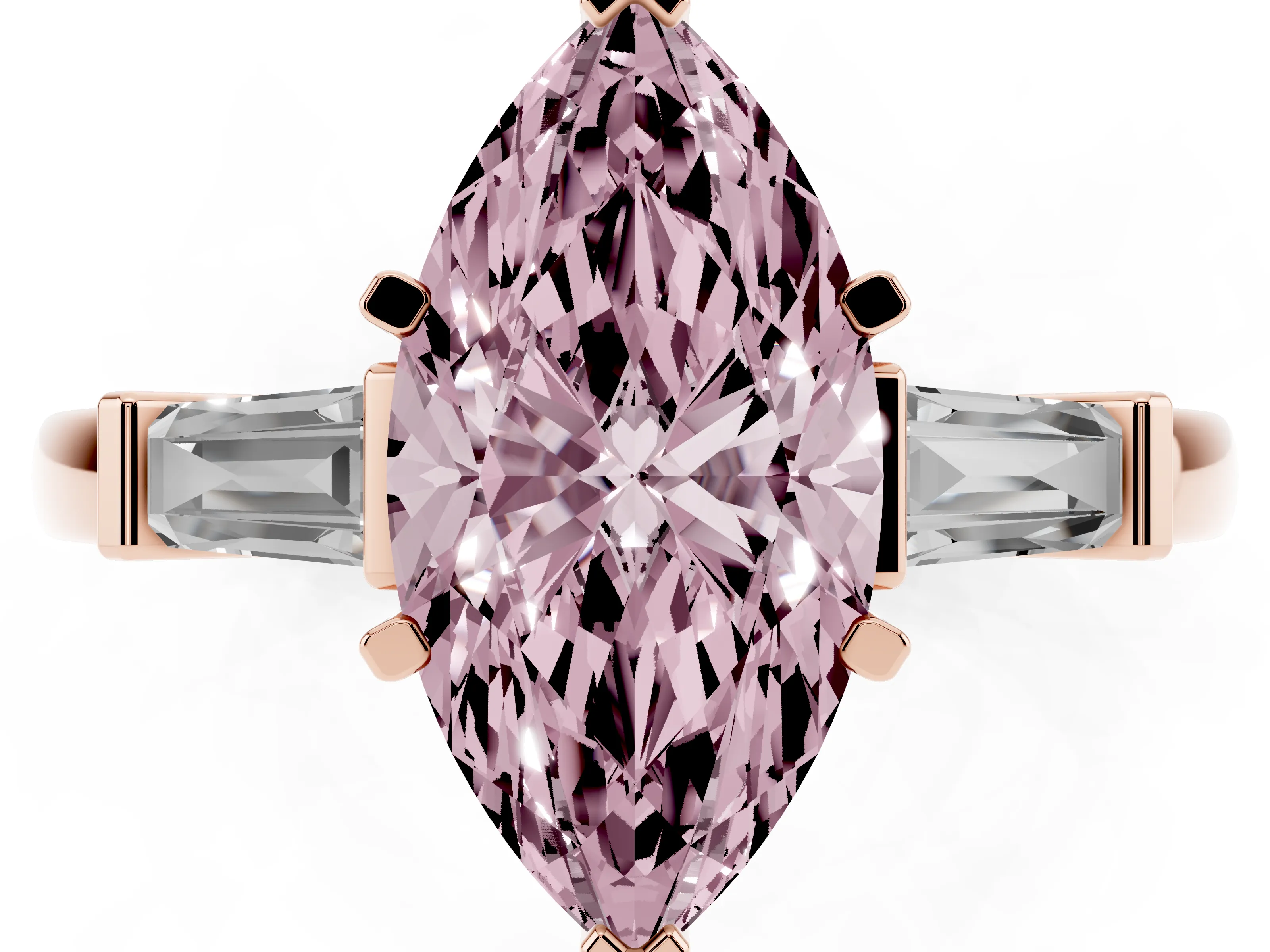 Fancy Pink Marquise Cut Diamond Solitaire Ring Set in Rose gold with Tapered Baguette Accents and Prong Setting