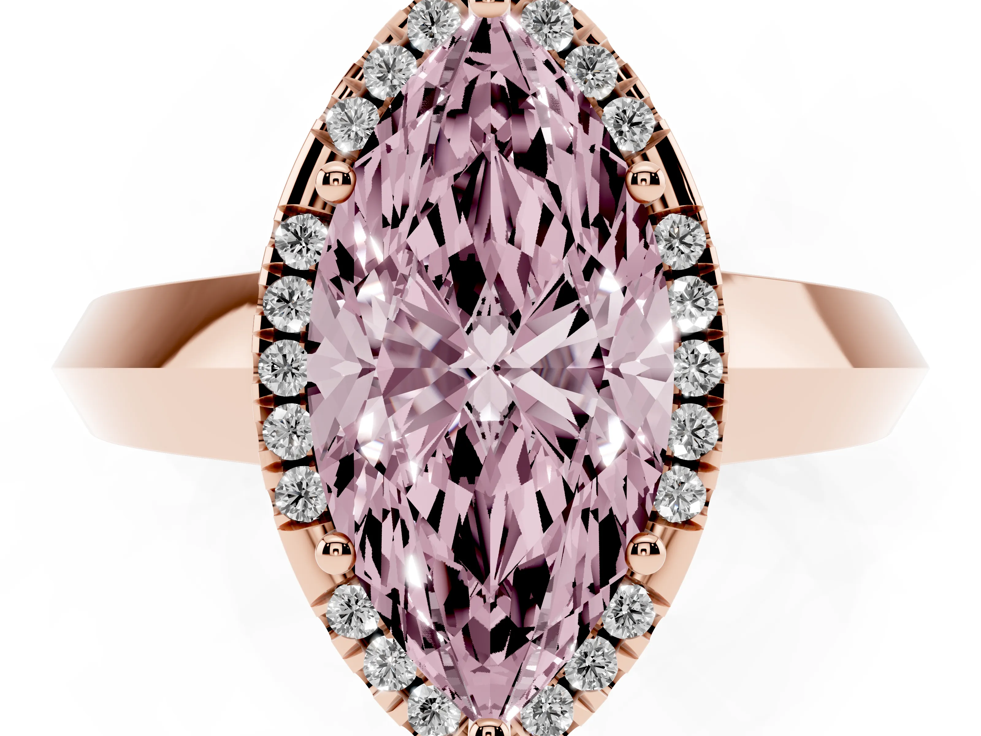 Fancy Pink Marquise Cut Diamond Halo Ring Set in Rose gold with Cathedral Band and Prong Setting