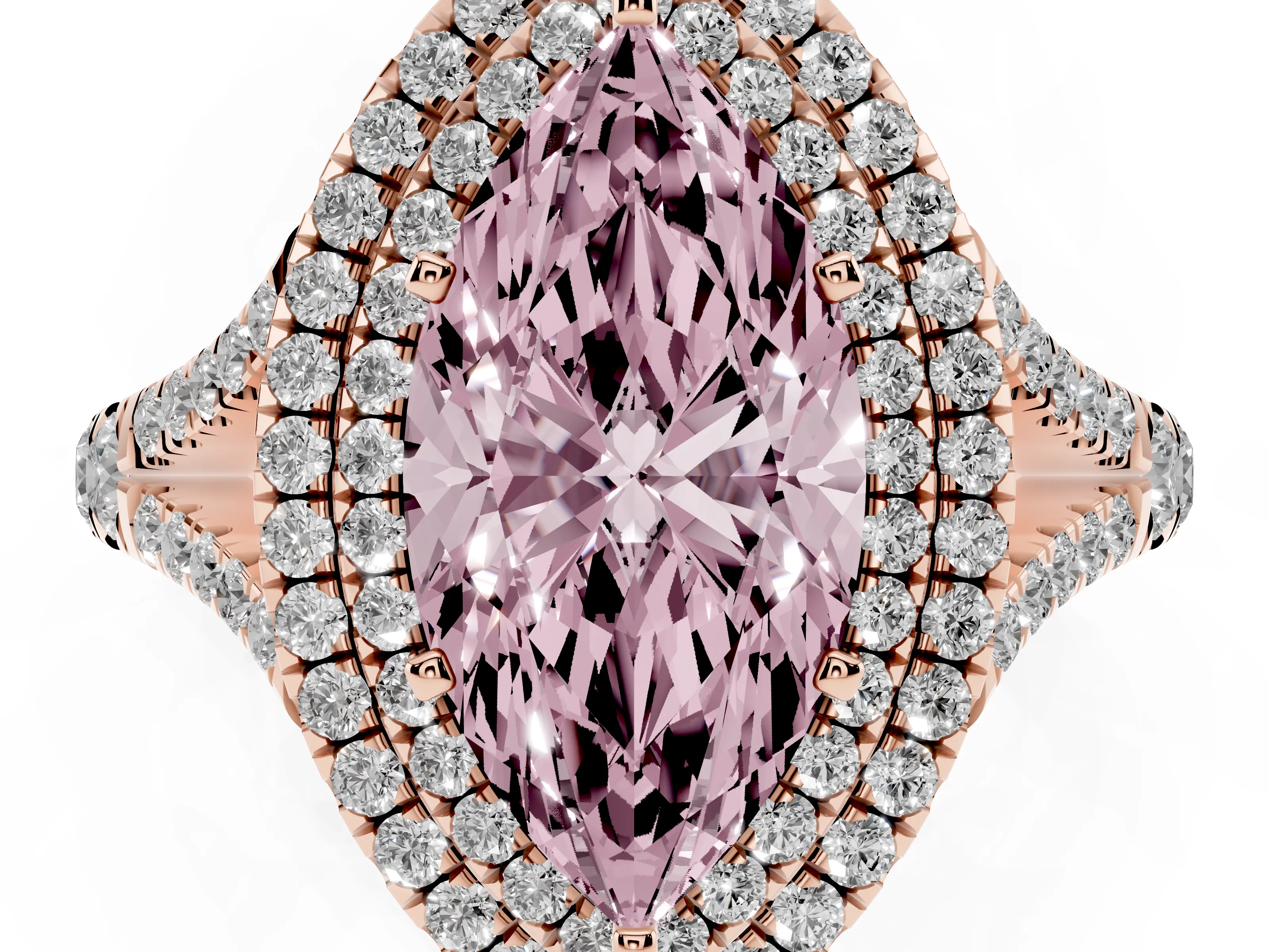 Fancy Pink Marquise Cut Diamond Pavé Split Shank Double Halo Engagement Ring Set in Rose gold