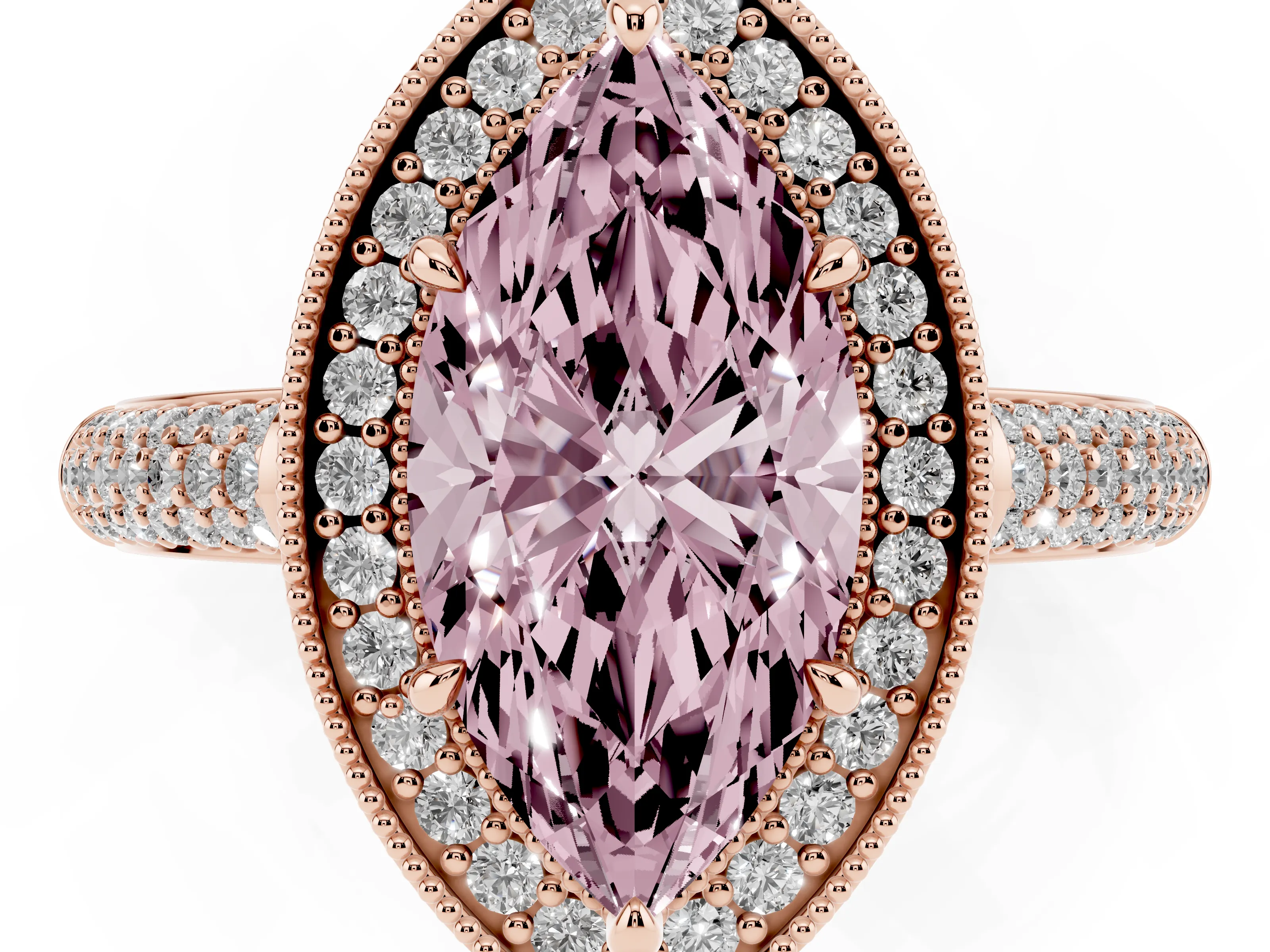 Fancy Pink Marquise Cut Diamond Halo Pavé Band Set in Rose gold with Prong Setting