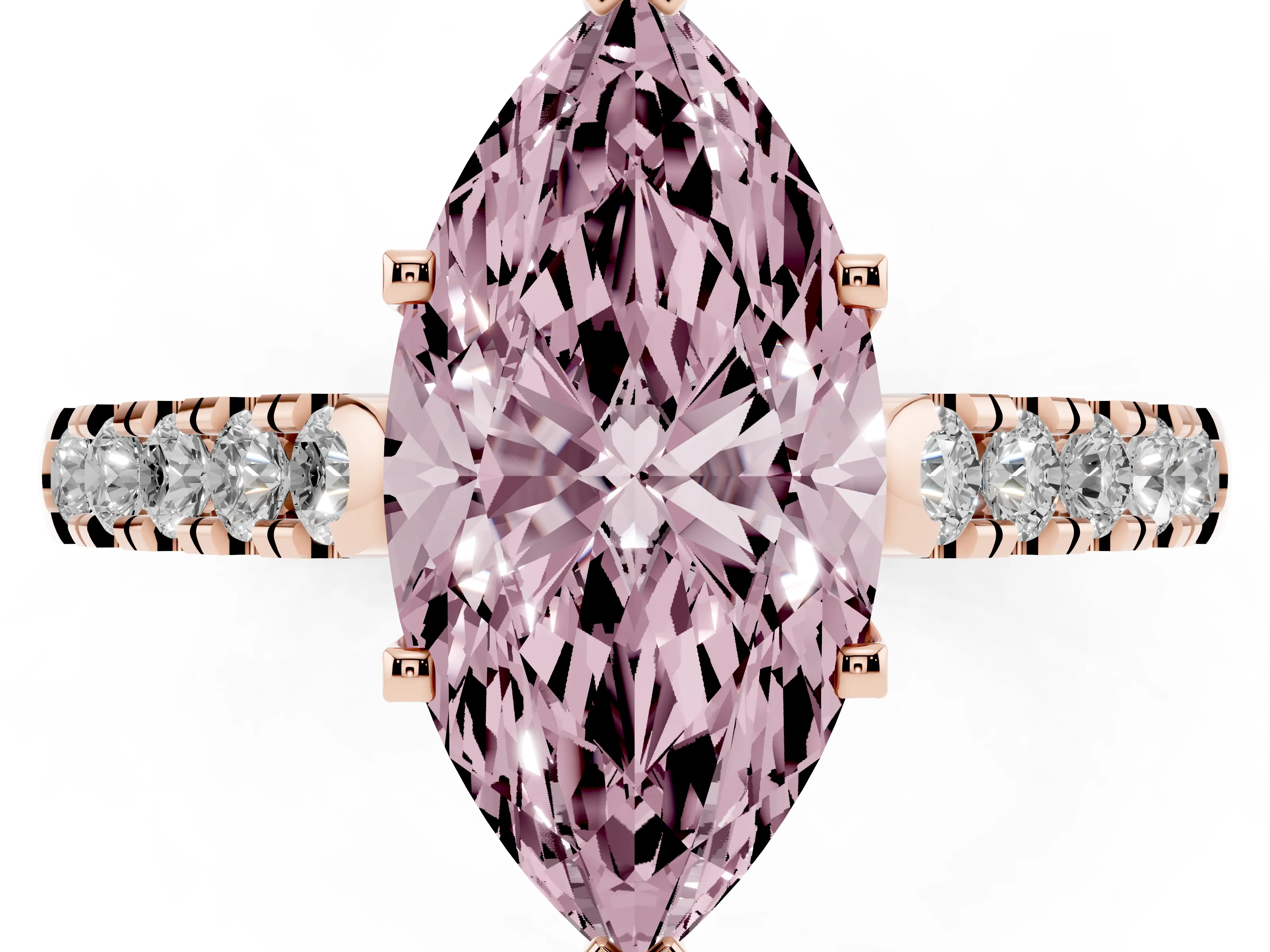 Fancy Pink Marquise Cut Diamond Pavé Band Solitaire Ring Set in Rose gold with Partway Accent Stones and Prong Setting