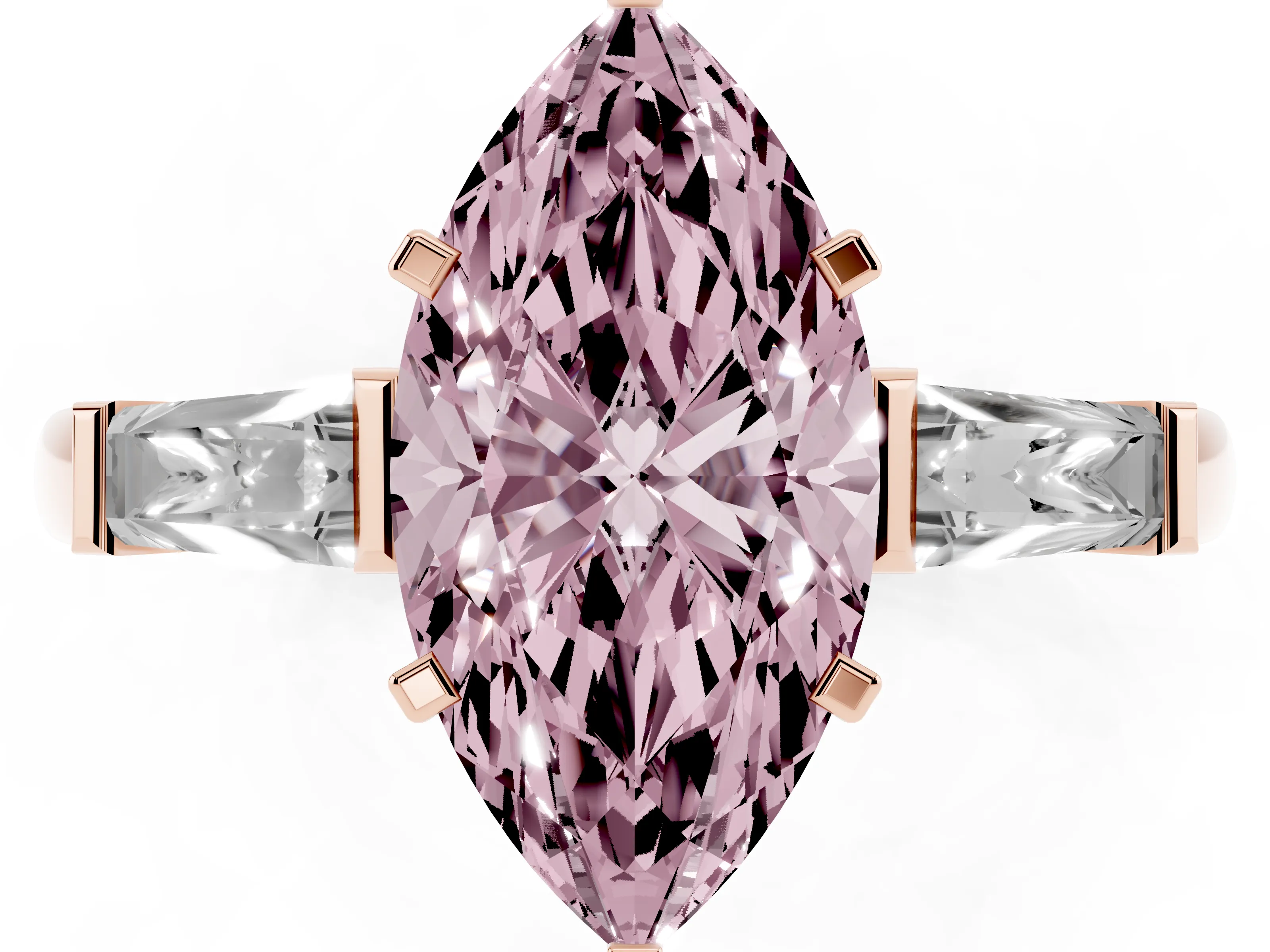 Fancy Pink Marquise Cut Diamond Solitaire Ring Set in Rose gold with Tapered Baguette Side Stones and Prong Setting