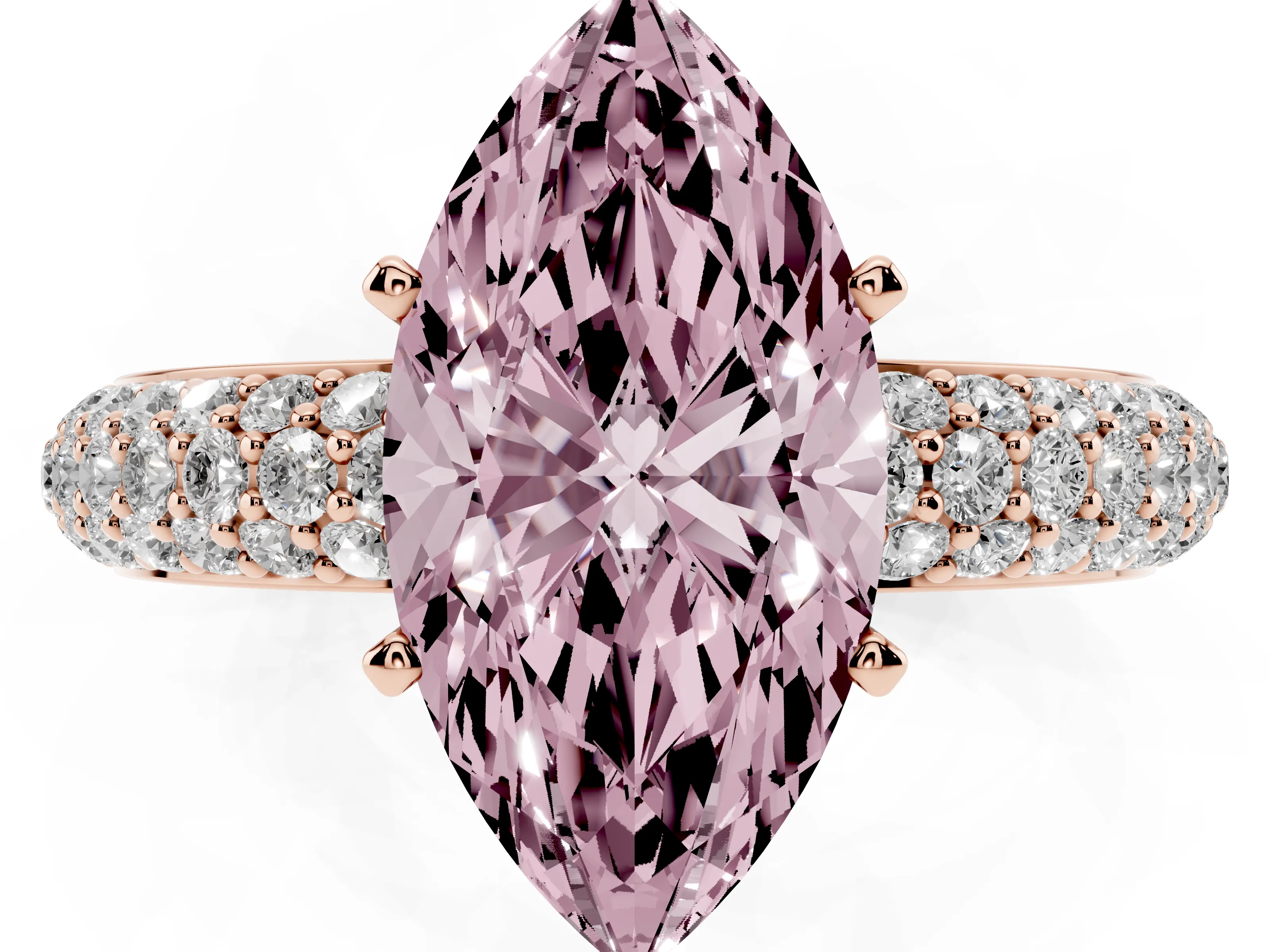 Fancy Pink Marquise Cut Diamond Solitaire Ring Set in Rose gold with Prong Setting and Pavé-Set Band