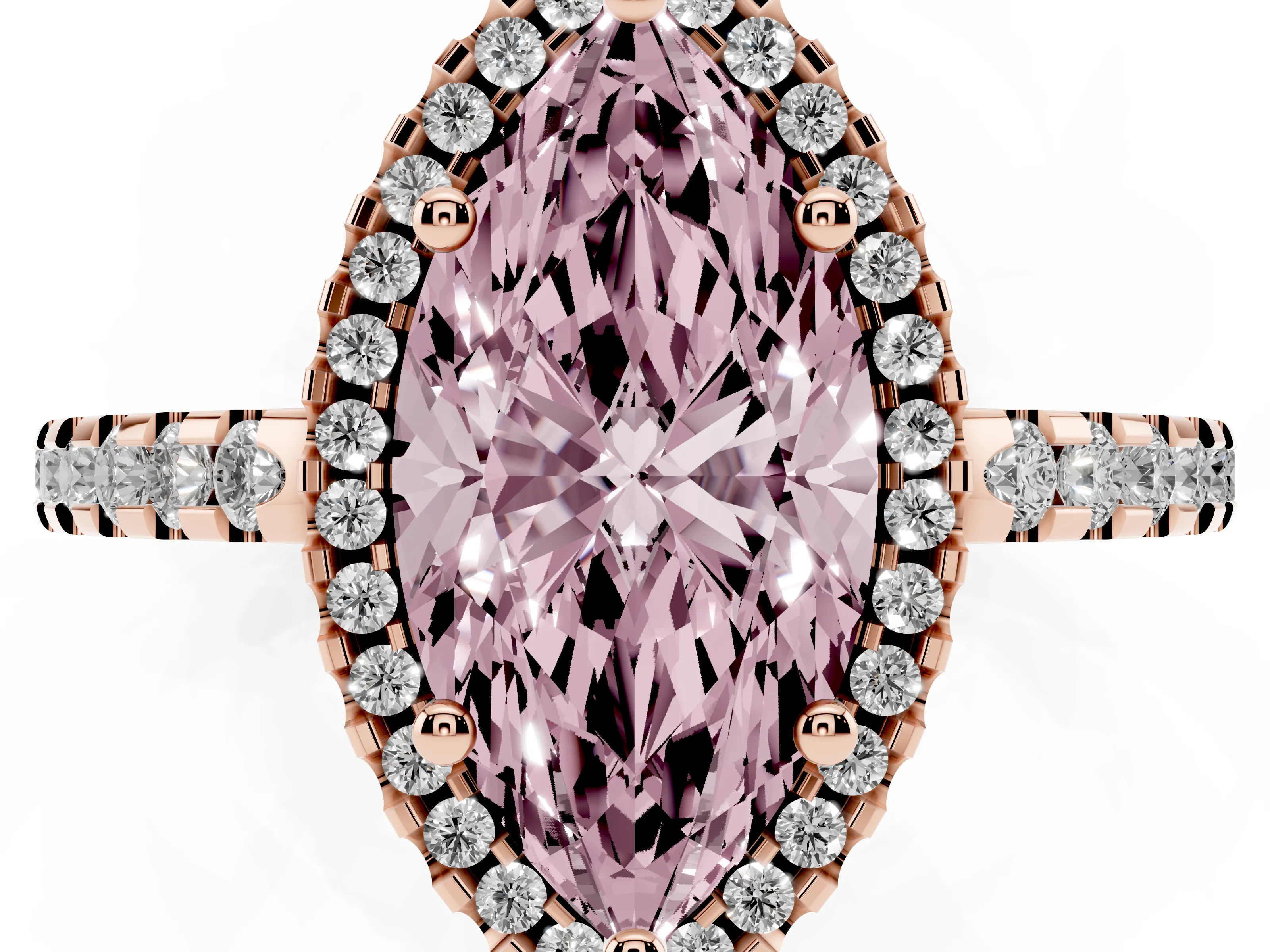 Fancy Pink Marquise Cut Diamond Halo Ring Set in Rose gold with Pavé Shoulders and Halo-Framed Center