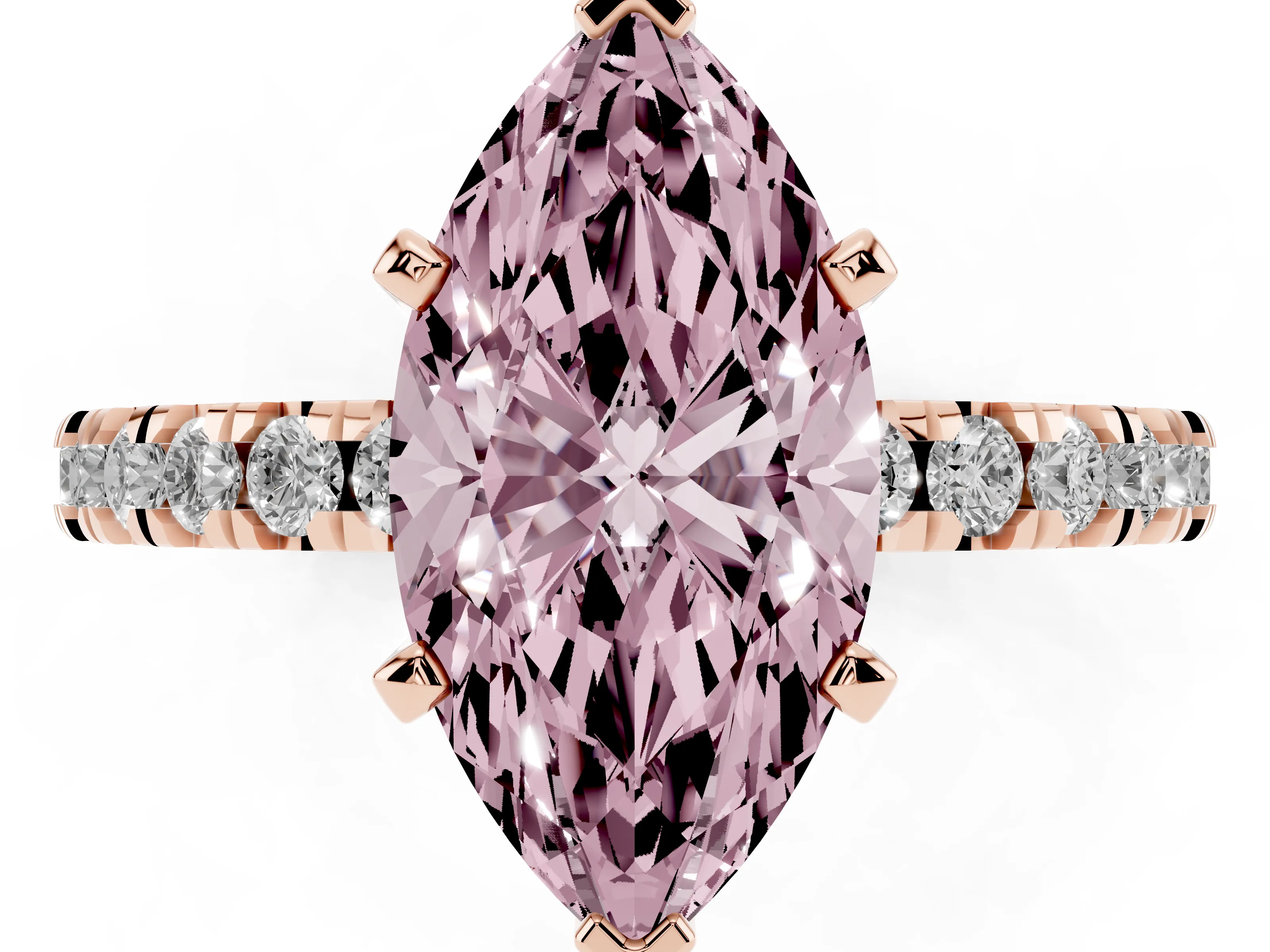 Fancy Pink Marquise Cut Diamond Pavé Band Solitaire Set in Rose gold with Prong Setting