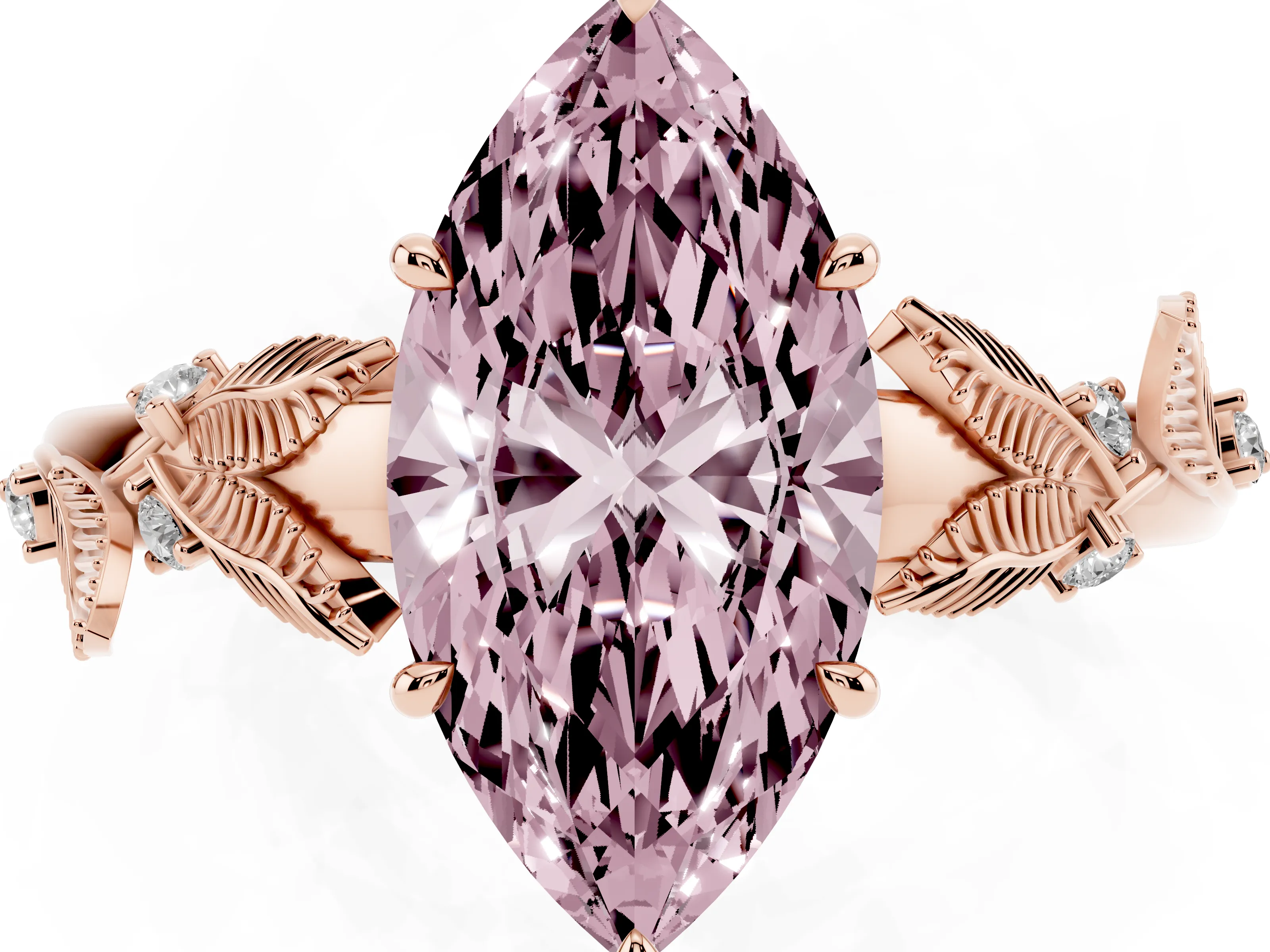 Fancy Pink Marquise Cut Diamond Solitaire Ring Set in Rose gold with Leaf Motif Band