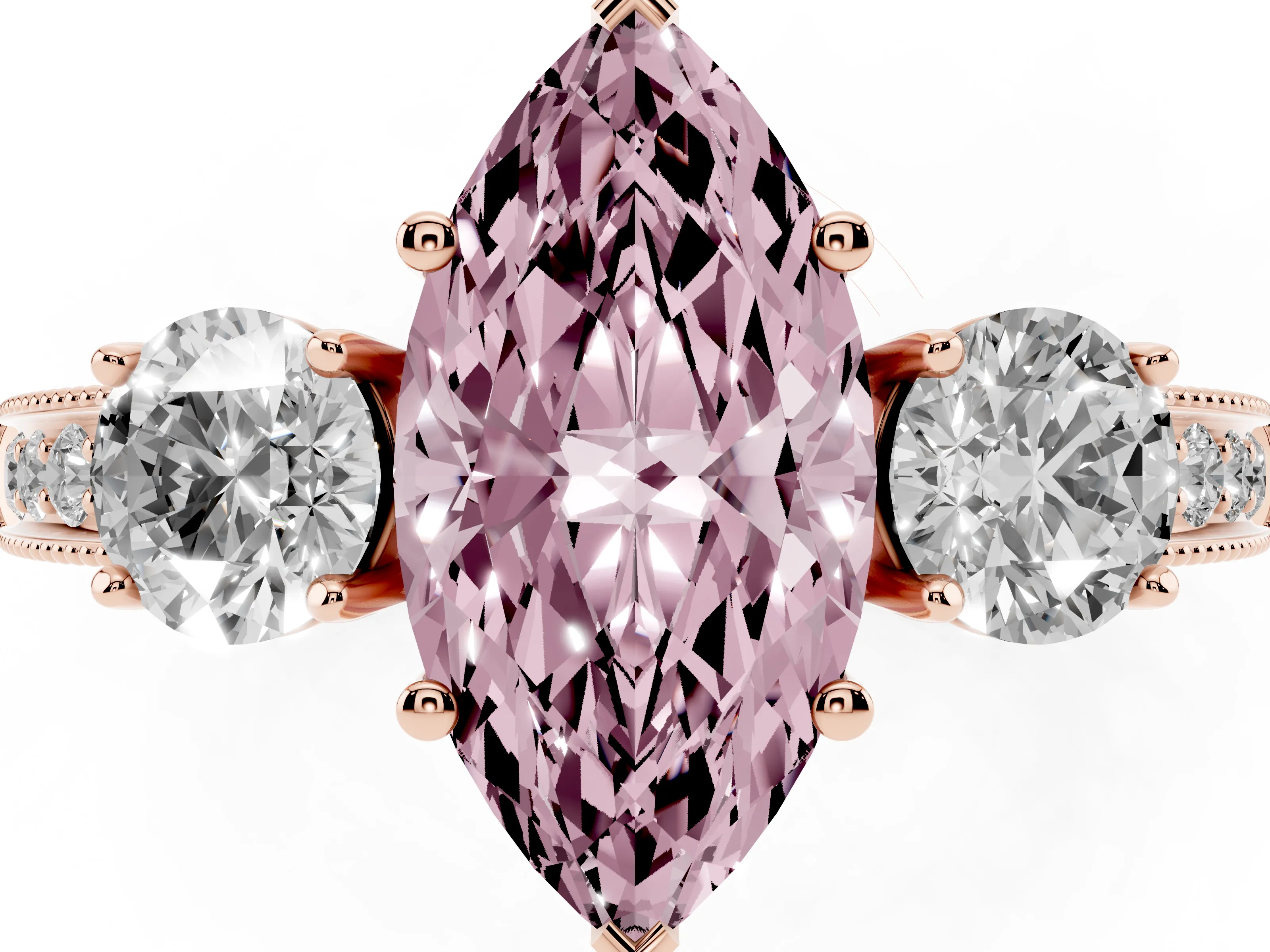 Fancy Pink Marquise Cut Diamond Three-Stone Ring Set in Rose gold with Round Side Stones and Pavé Band