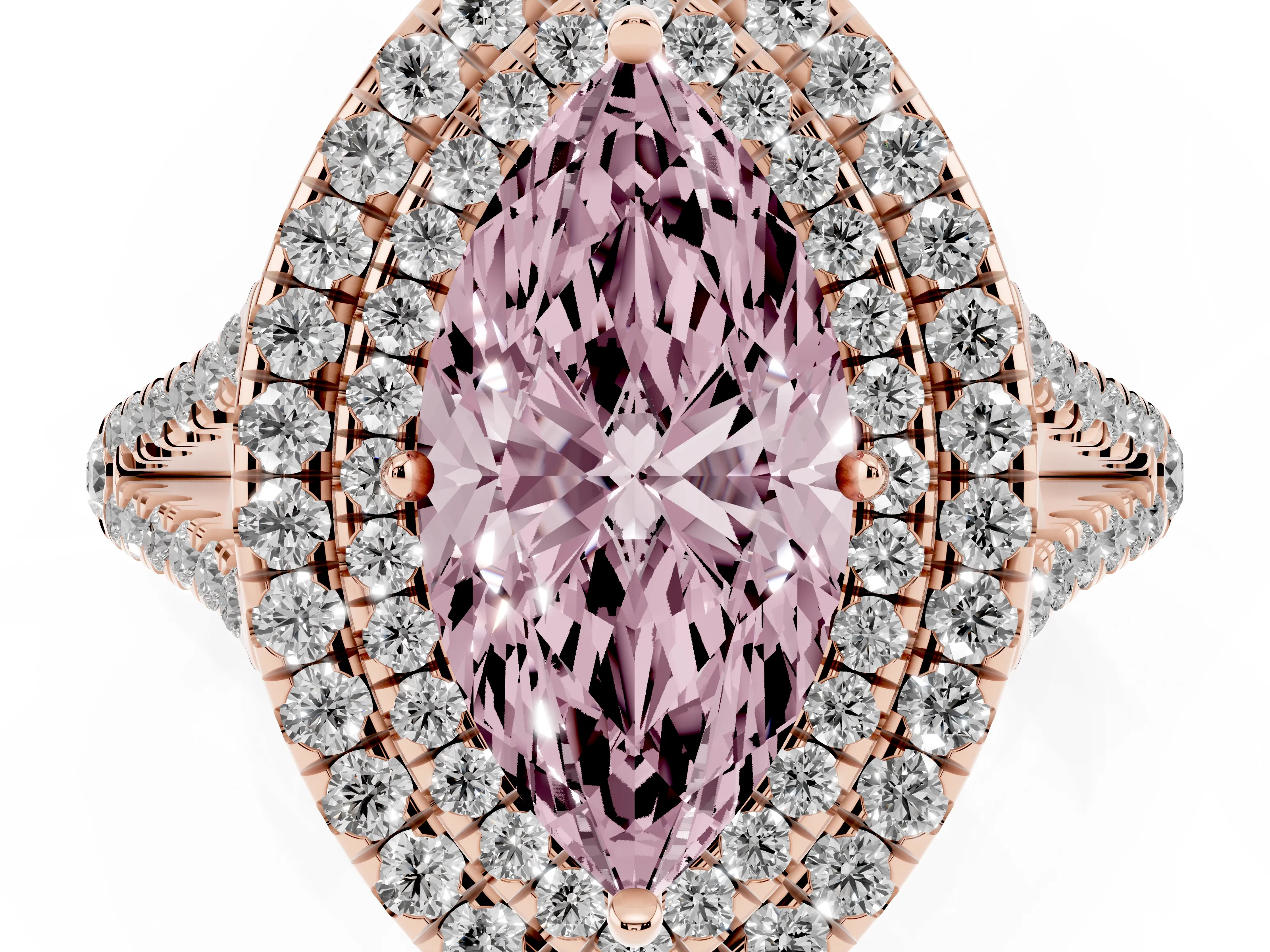 Fancy Pink Marquise Cut Diamond Double Halo Ring Set in Rose gold with Pavé Band