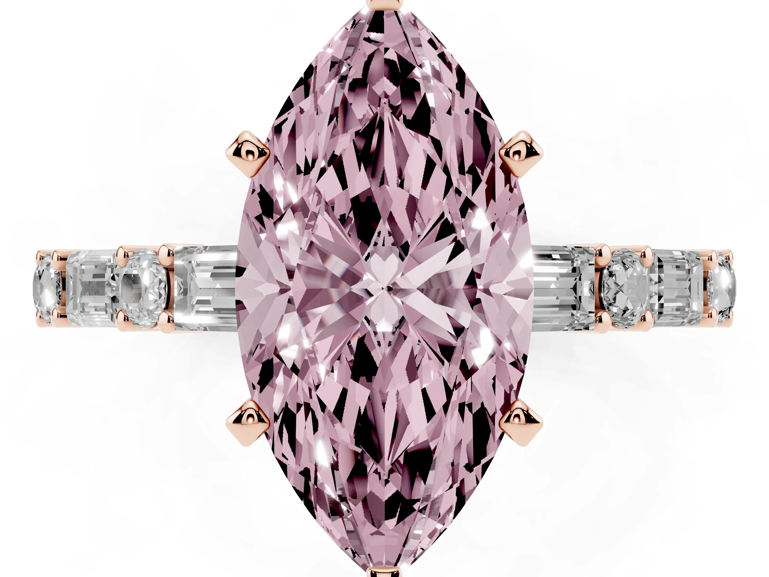 Fancy Pink Marquise Cut Diamond Solitaire Set in Rose gold with Side Baguettes and Channel Set Band