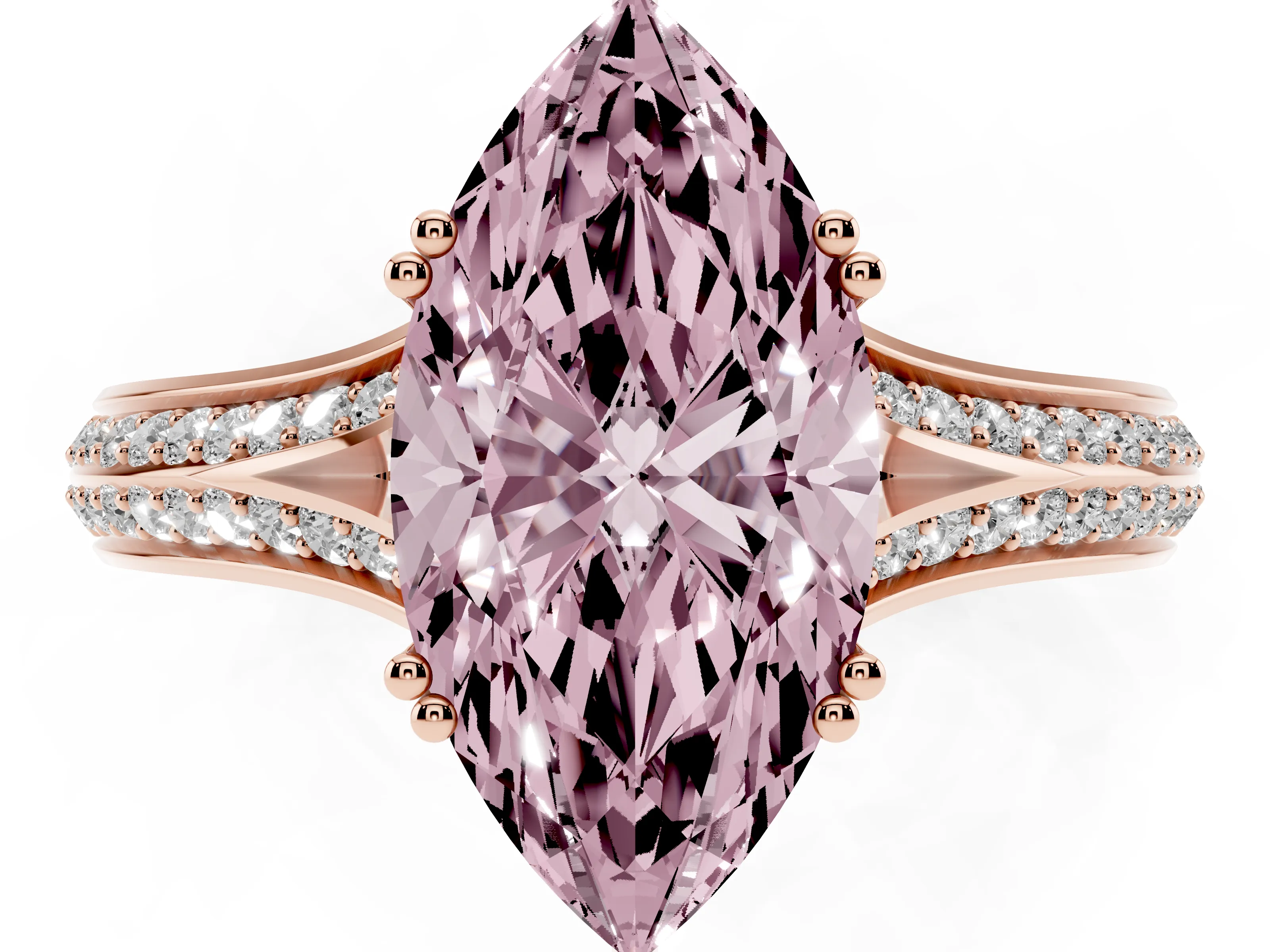 Fancy Pink Marquise Cut Diamond Split Shank Pavé Engagement Ring Set in Rose gold with Prong-Set Center Stone