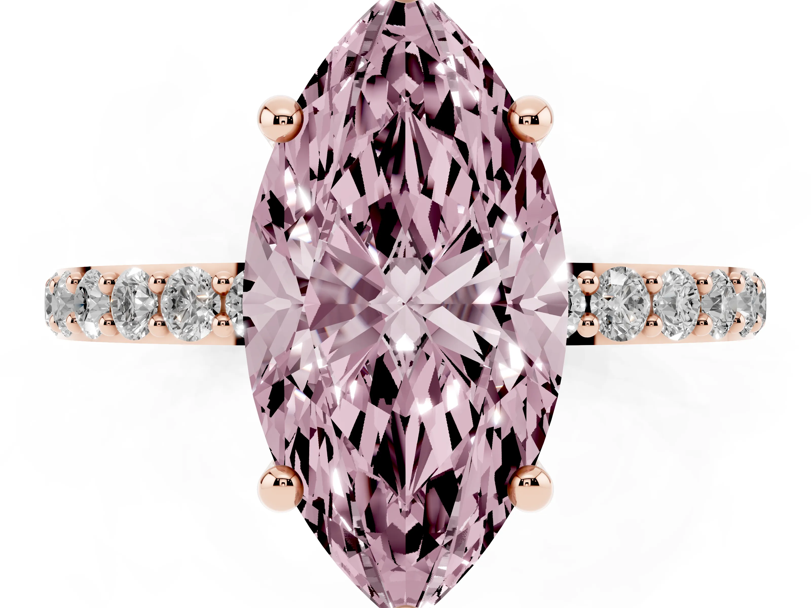 Fancy Pink Marquise Cut Diamond Solitaire Ring Set in Rose gold with Round Pavé Band and Prong Setting