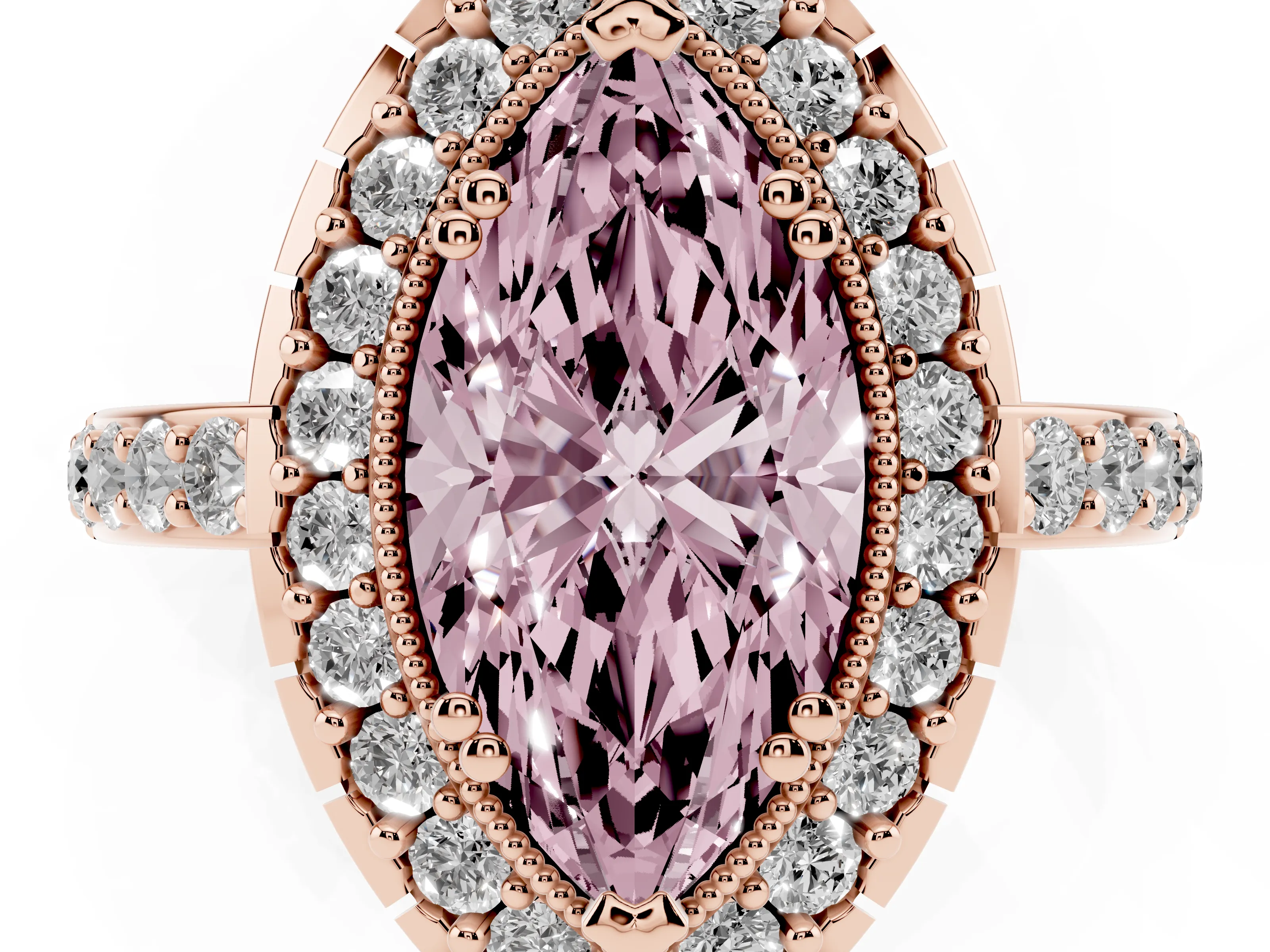 Fancy Pink Marquise Cut Diamond Halo Ring Set in Rose gold with Pavé Shank and Prong Setting