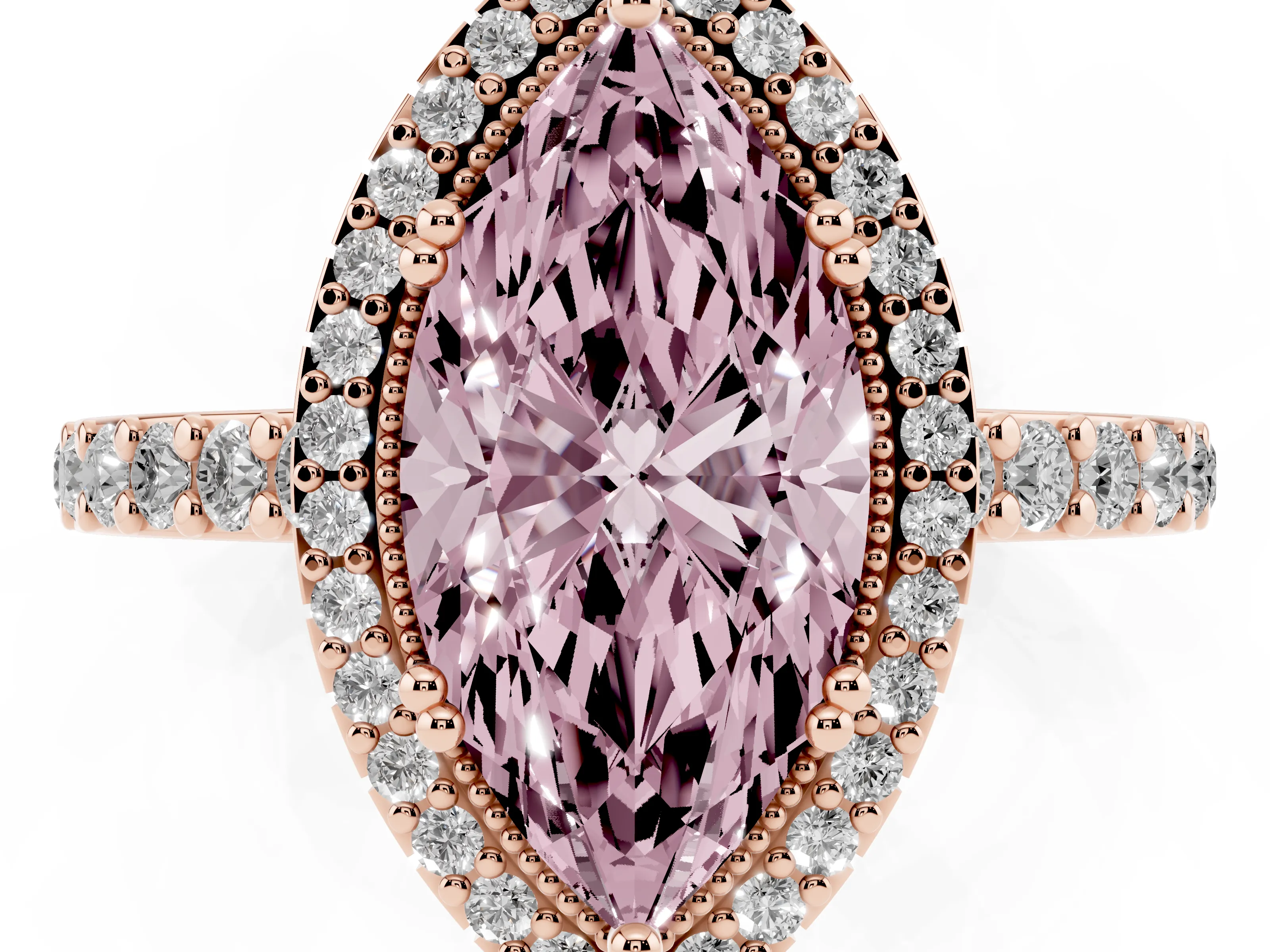 Fancy Pink Marquise Cut Diamond Halo Engagement Ring Set in Rose gold with Milgrain Detail and Pavé Band