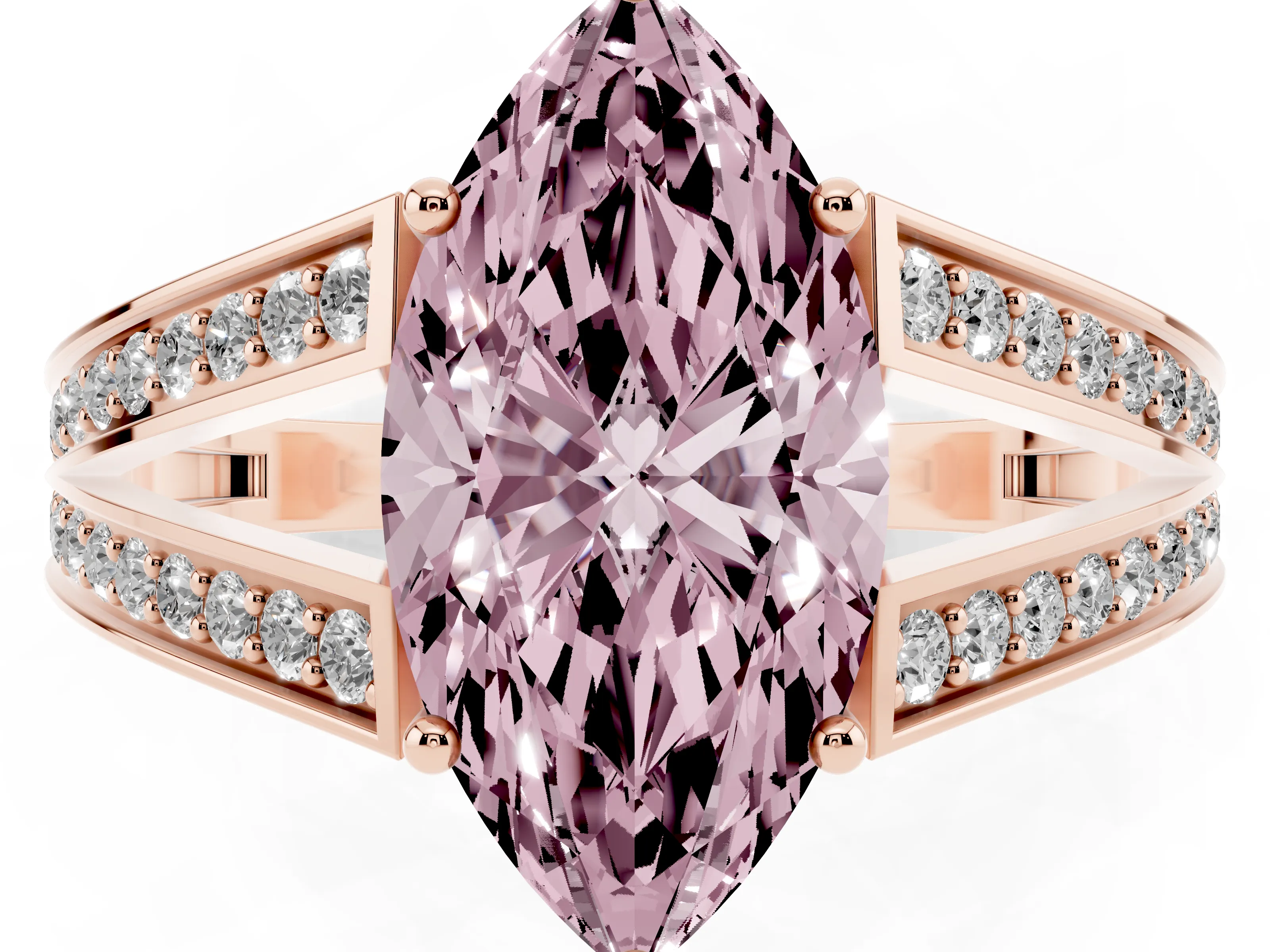 Fancy Pink Marquise Cut Diamond Split Shank Ring Set in Rose gold with Pavé Band and Prong Setting