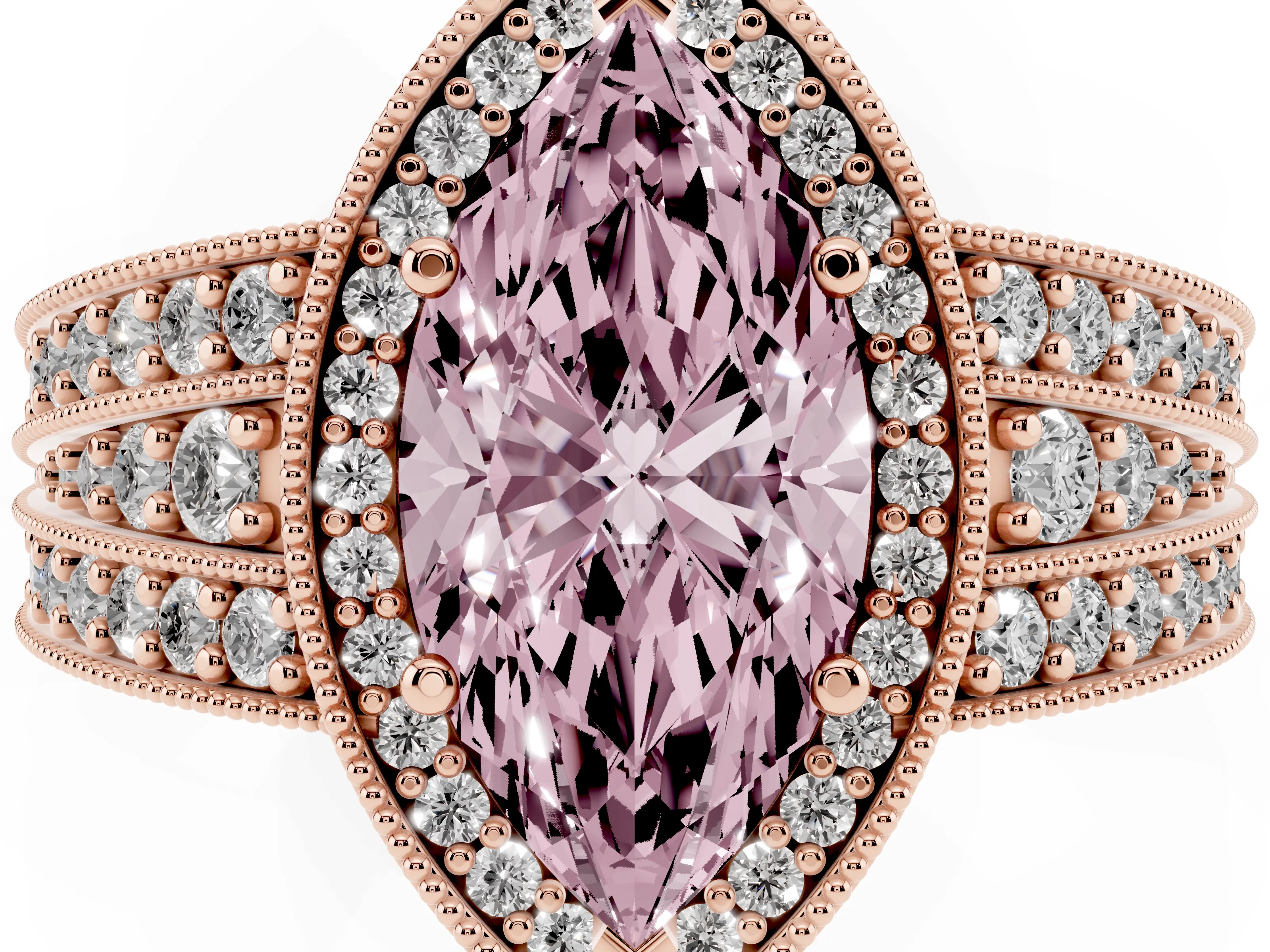 Fancy Pink Marquise Cut Diamond Halo Ring Set in Rose gold with Accent Split Shank and Prong Setting