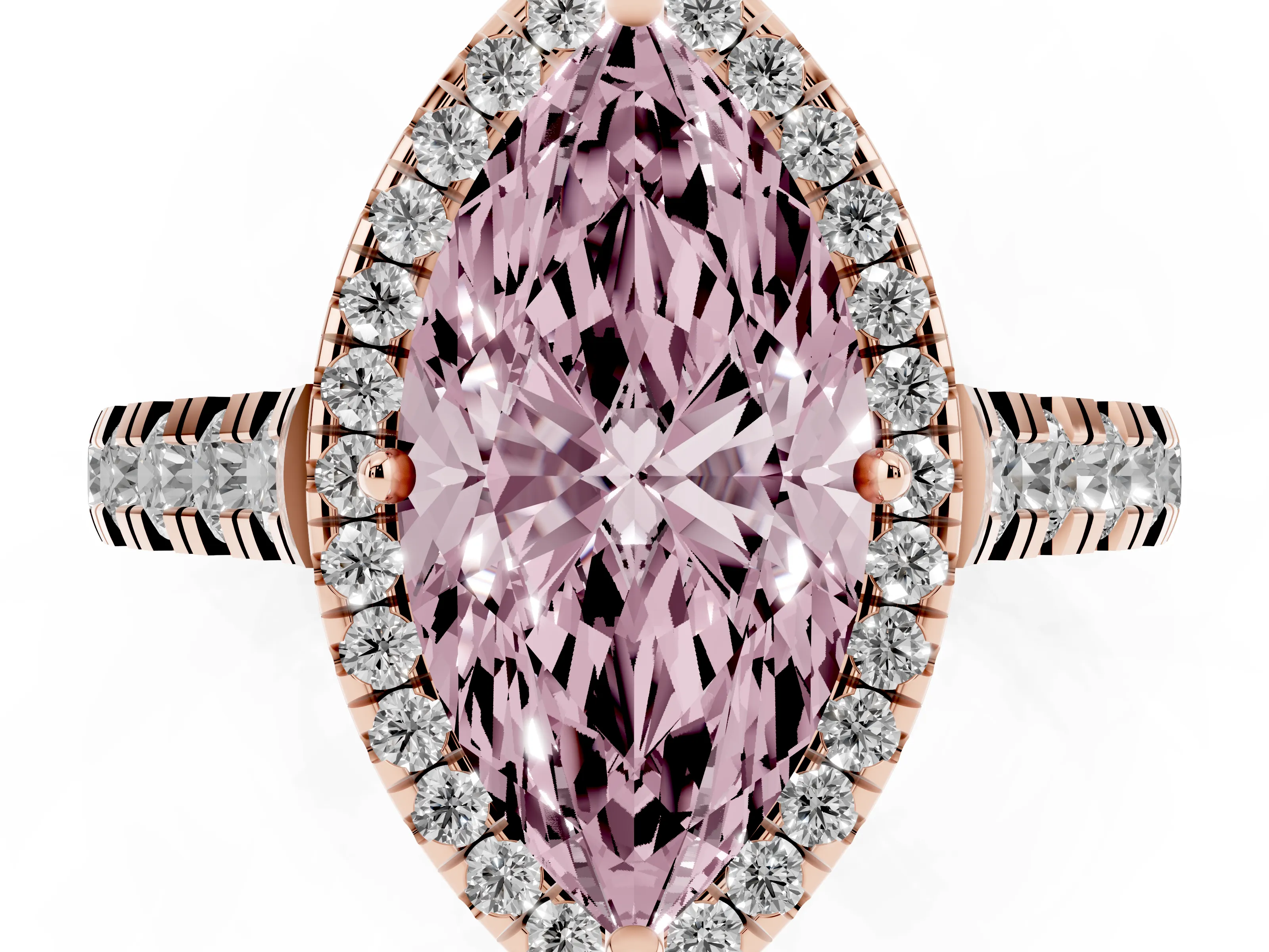 Fancy Pink Marquise Cut Diamond Halo Engagement Ring Set in Rose gold with Pavé Band and Prong-Set Center