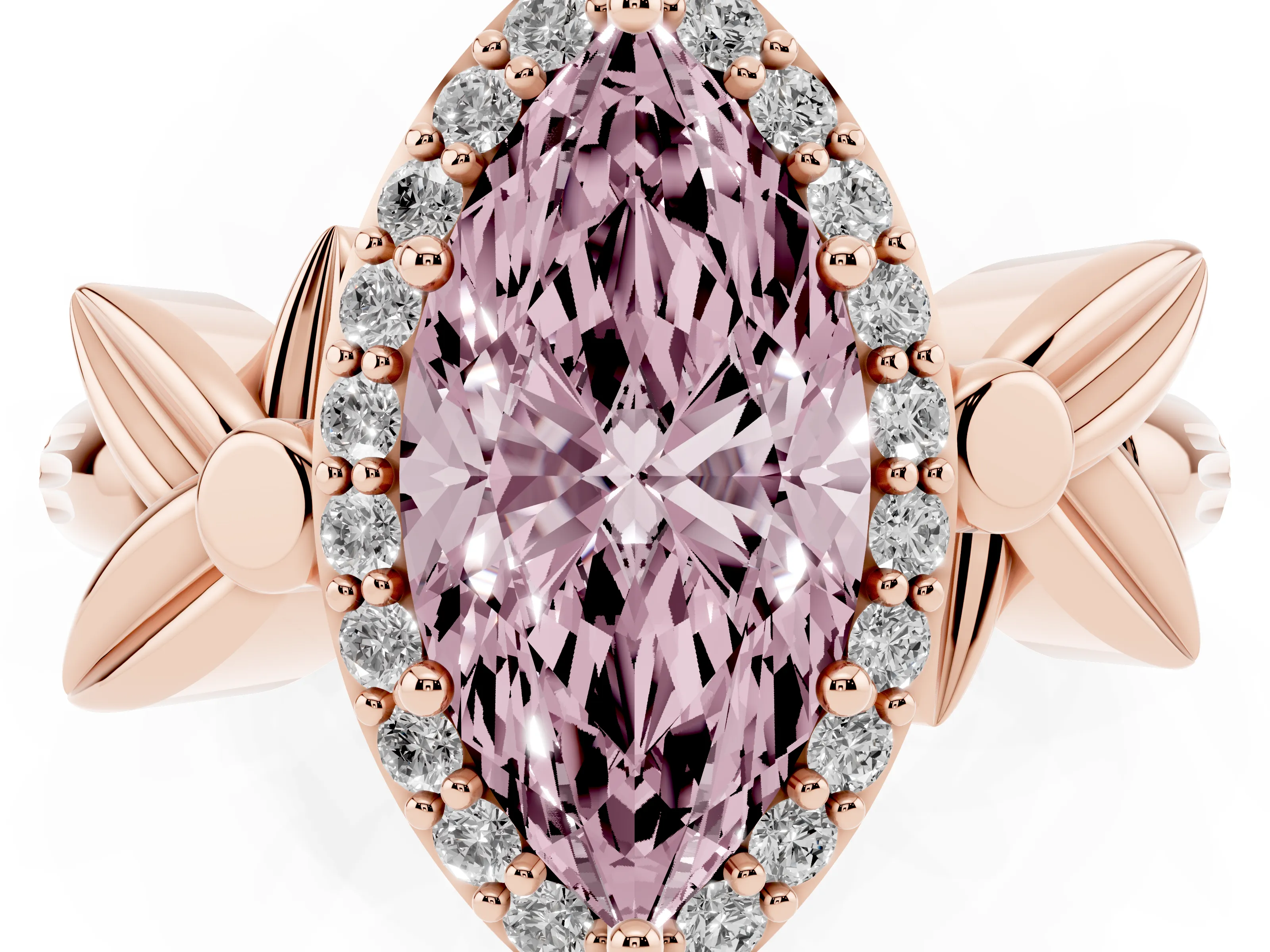 Fancy Pink Marquise Cut Diamond Halo Floral Band Ring Set in Rose gold with Prong Setting